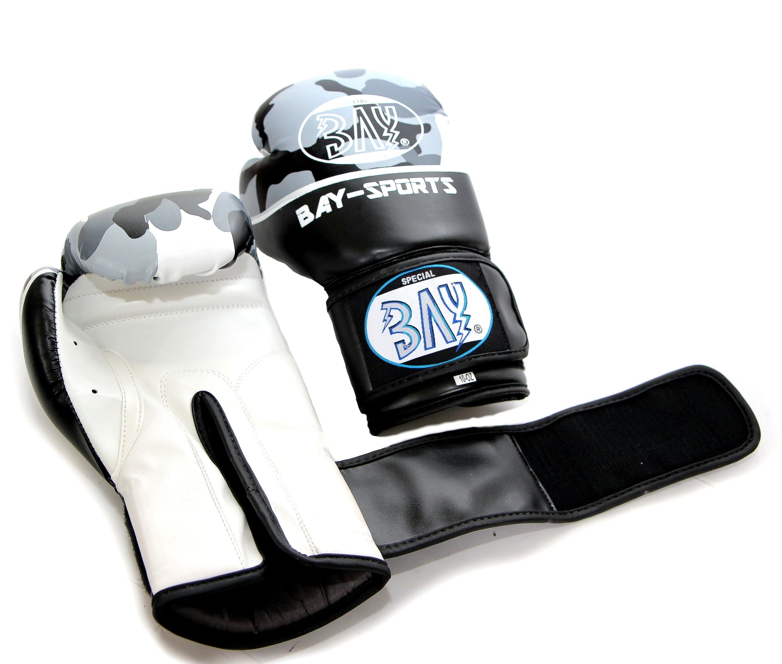 BAY-Sports Boxhandschuhe Camouflage schwarz grau Box-Handschuhe Boxen Kickboxen Muay Thai (Paar), 8, 10, 12 Unzen, Kinder und Erwachsene, Klettverschluss