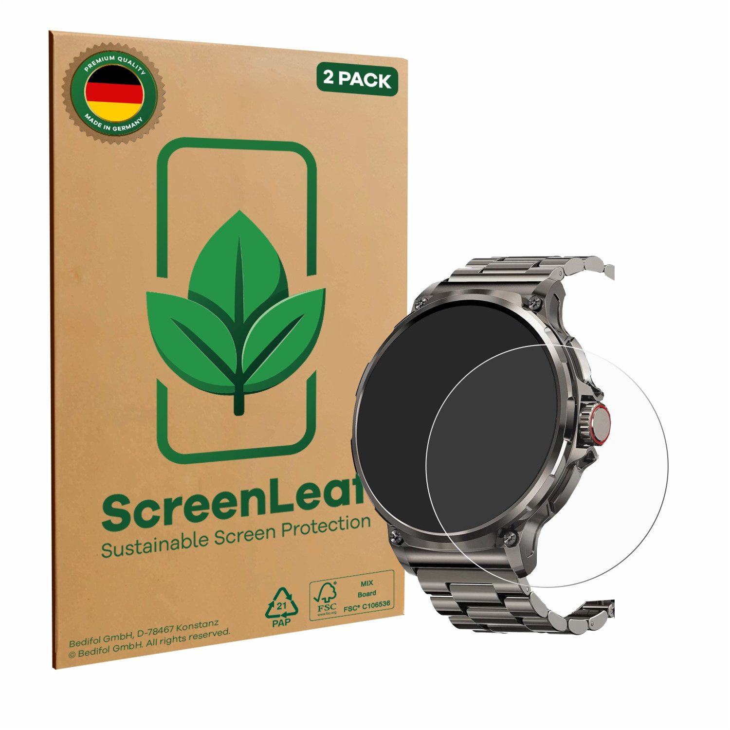 ScreenLeaf Displayschutzfolie Schutzfolie für Tesofit Smartwatch 1.85" (rund), 2 Stück, Displayschutz Schutz Folie Klar Transparent