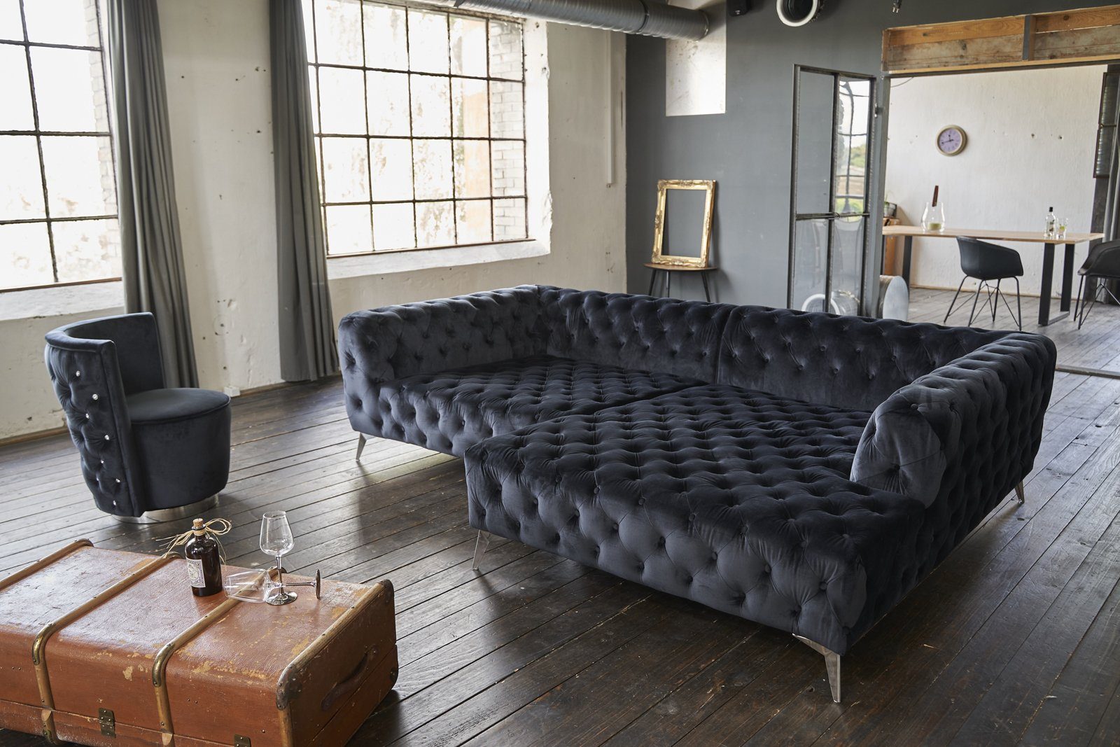 Chesterfield rechts Velvet versch. NARLA, Recamiere links Ecksofa schwarz KAWOLA o. Farben Sofa