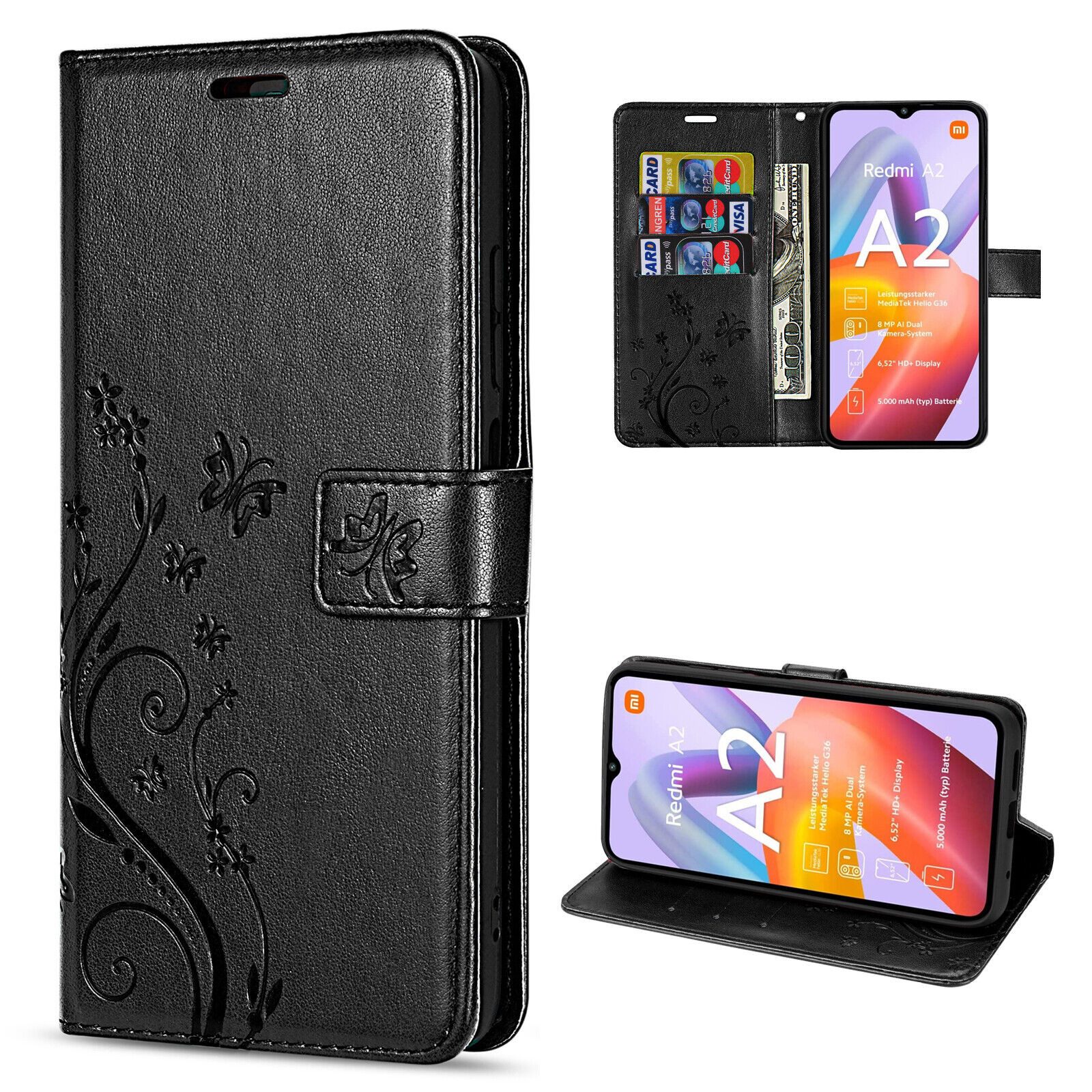 betterfon Handyhülle Handytasche für Xiaomi Redmi A2 Schutzhülle Klapphülle, Bookstyle-Hülle: Magnetverschluss 3 Kartenfächer & Standfunktion