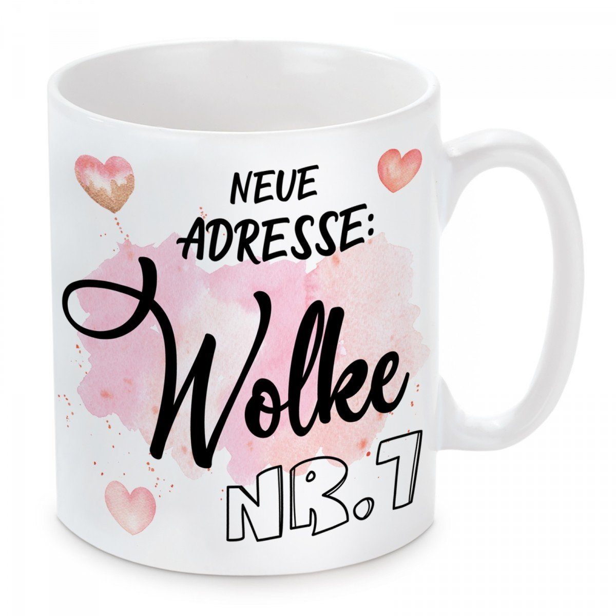 Herzbotschaft Tasse Kaffeebecher mit Motiv Neue Adresse: Wolke Nr.7, Keramik, Kaffeetasse spülmaschinenfest und mikrowellengeeignet