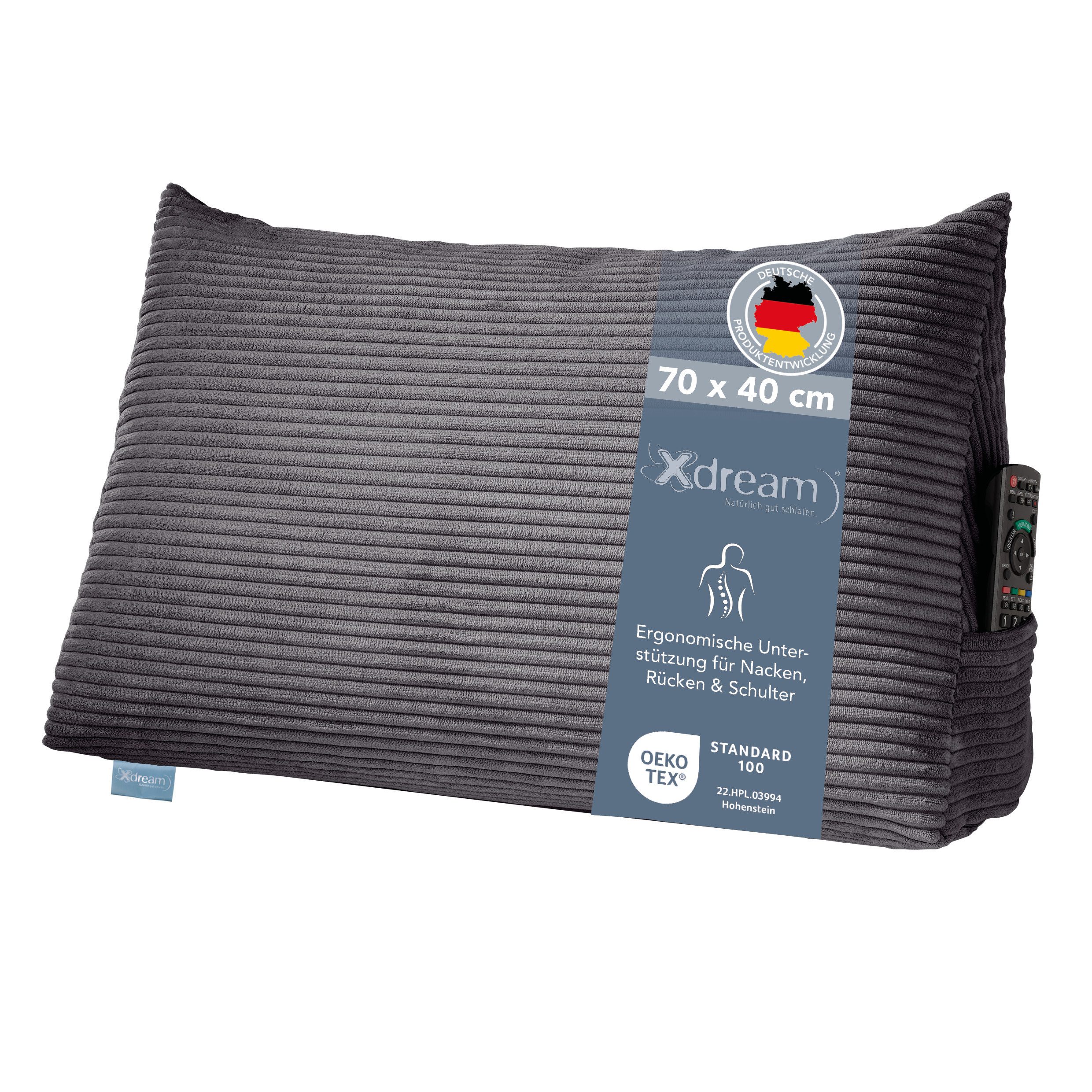 XDREAM Rückenkissen ergonomisches Keilkissen für Bett und Sofa, 1-tlg., als Kopfkissen oder Venenkissen verwendbar, mit praktischem Seitenfach