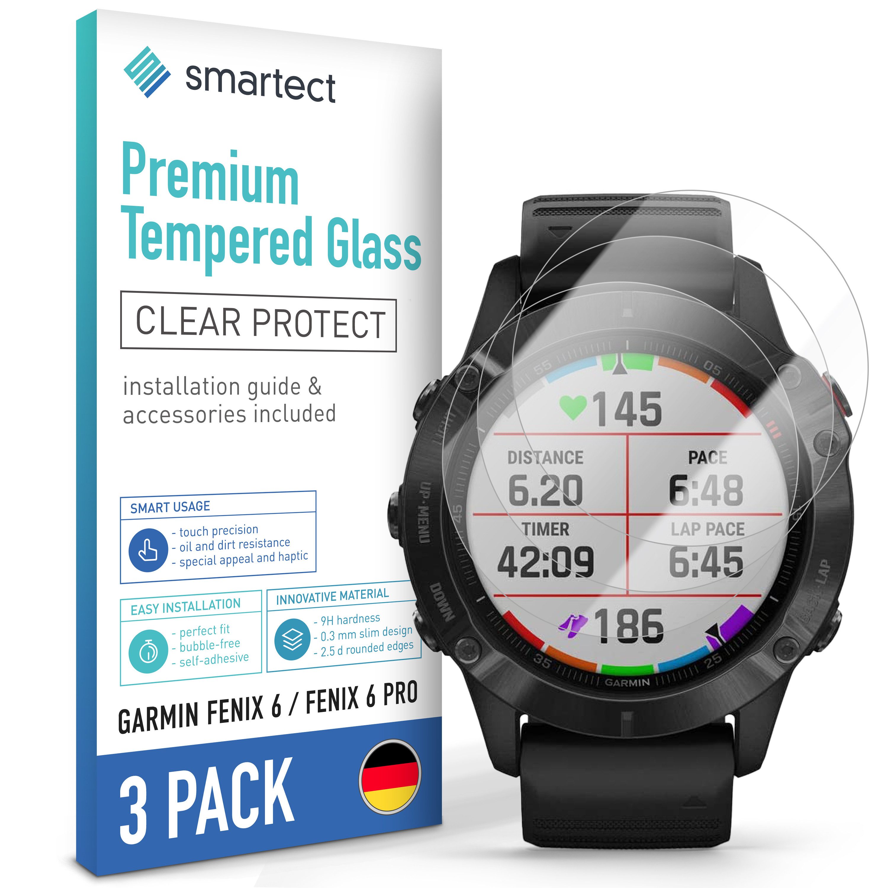 smartect Displayschutzglas Schutzglas Panzerfolie Klar für Garmin Fenix 6 / Fenix 6 Pro, Set, 3 Stück, Schutzfolie Glasschutz Bildschirm
