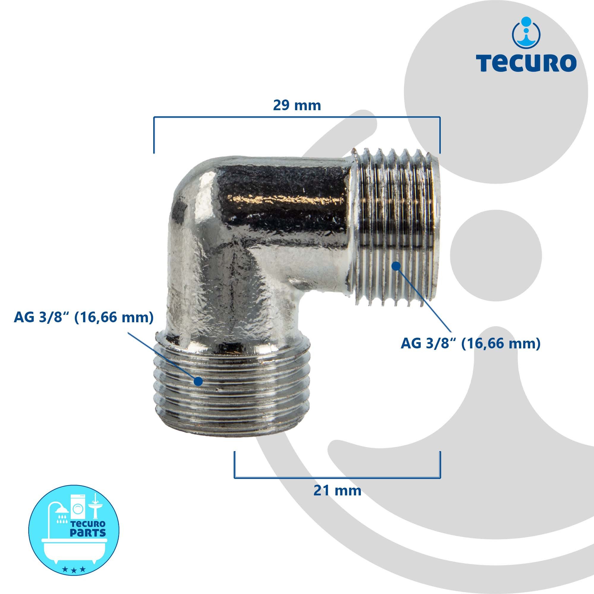 tecuro Gewindefitting Winkel 90° beidseitig 3/8 Zoll AG, für Flexschläuche, MS verchromt