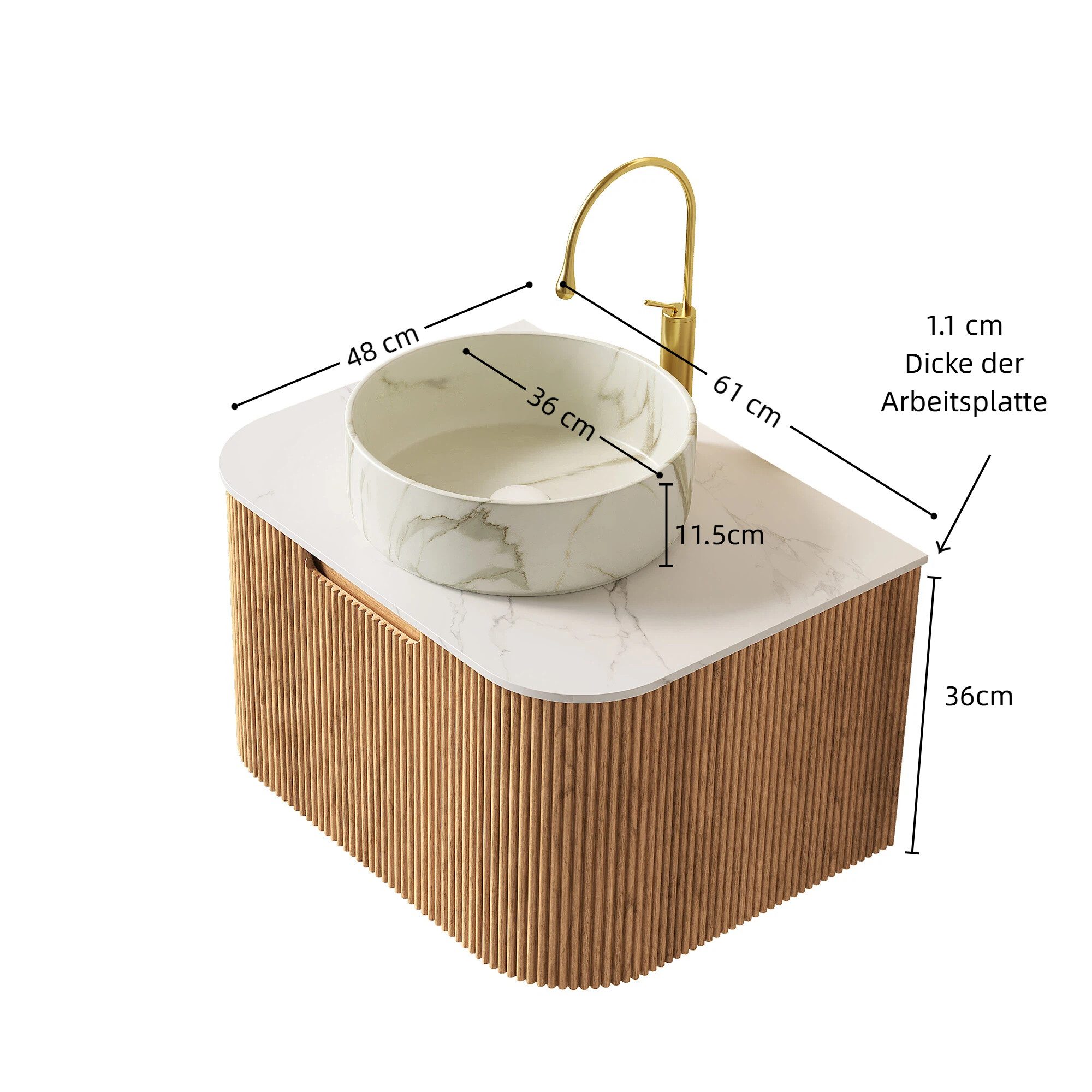 Odikalo Waschtisch Badmöbel Unterschrank Waschbecken Wandhalterung Schublade Natur Weiß (DINA 61cm Hängende Badezimmer-Waschtisch mit weißes Keramik-Waschbecken / Rund Keramikbecken / Transparentes Rundes Glasbecken, weiße Arbeitsplatte, gebogene Kanten gestreifter Sperrholzschrank mit Schublade, vormontiert, natürliche Holzmaserung Farbe)