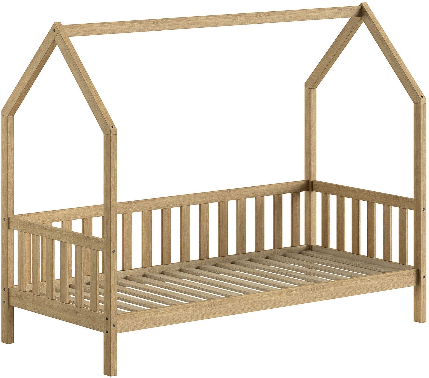 Vipack Hausbett Cabane, mit Dachaufbau und Sprossenumrandung in Landhaus-Optik (B/H/T ca. 208x169x98 cm) aus massiver Eiche, Oberfläche Natur), sehr stabil und standfest gebaut inkl. Massivholz Rolllattenrost