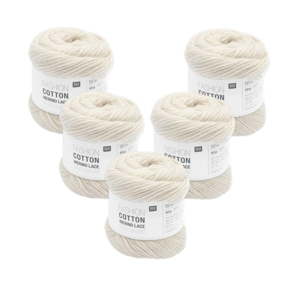 Rico Design 5 x RICO DESIGN FASHION COTTON MERINO LACE SOLID COLOURS Häkelwolle
