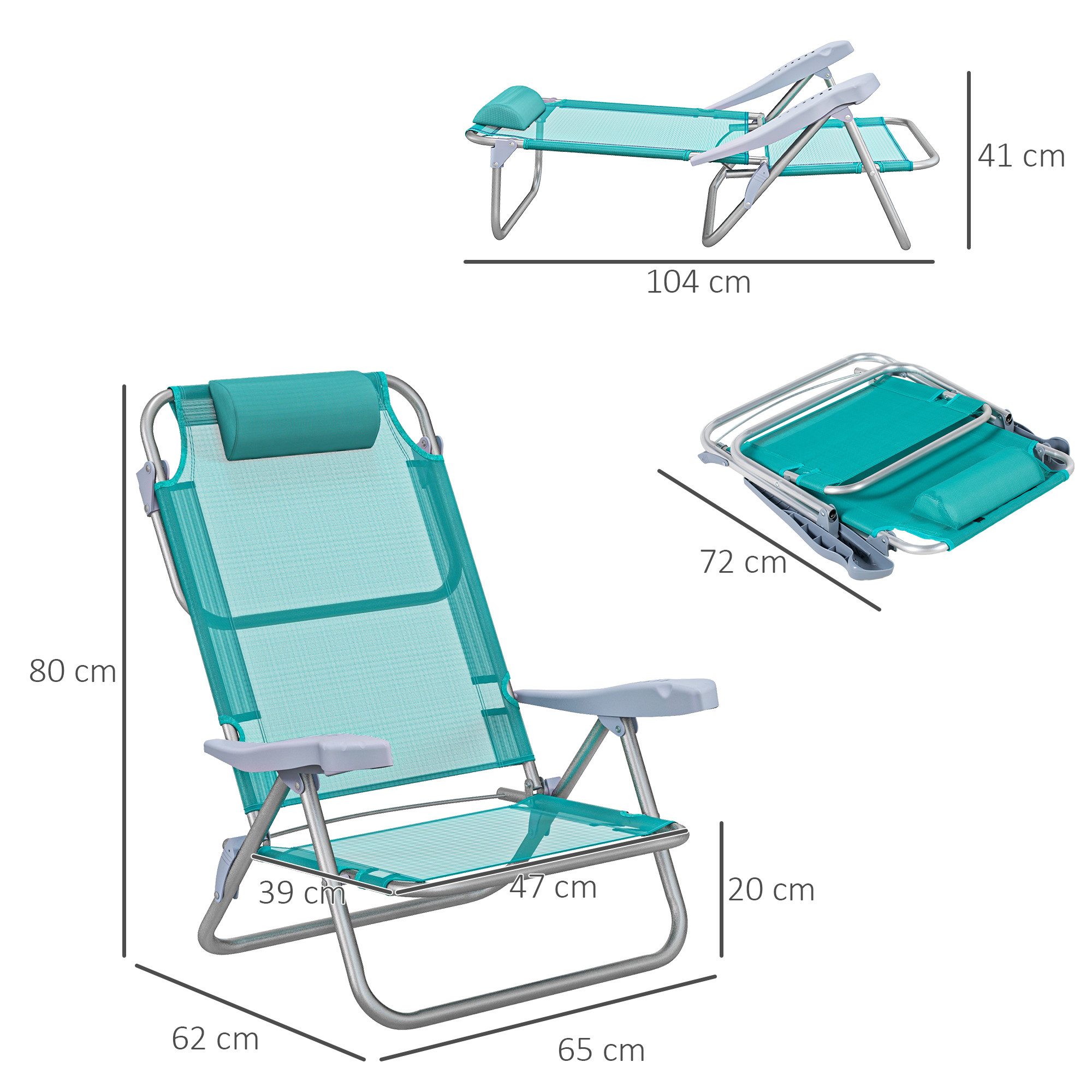 Outsunny Campingstuhl Gartenstuhl mit 6-fach verstellbarer Netzrückenlehne Kopfstütze (faltbar Anglerstuhl, 2 St), bis 120 kg für Garten Strand Türkis