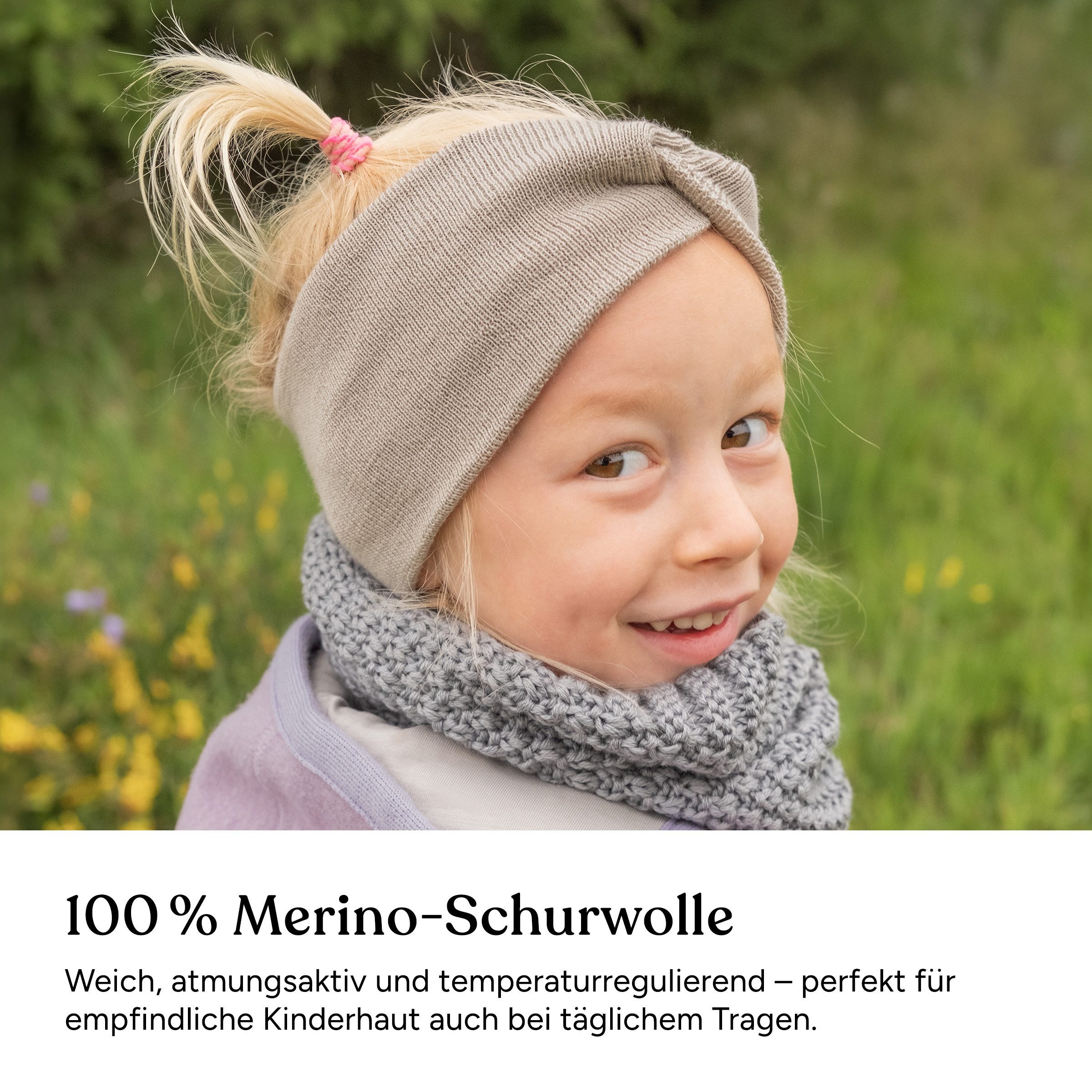 Ehrenkind Stirnband für Kinder aus 100 % Merino Schurwolle (Beige, atmungsaktiv & mitwachsend) Made in Germany, Knotenstirnband