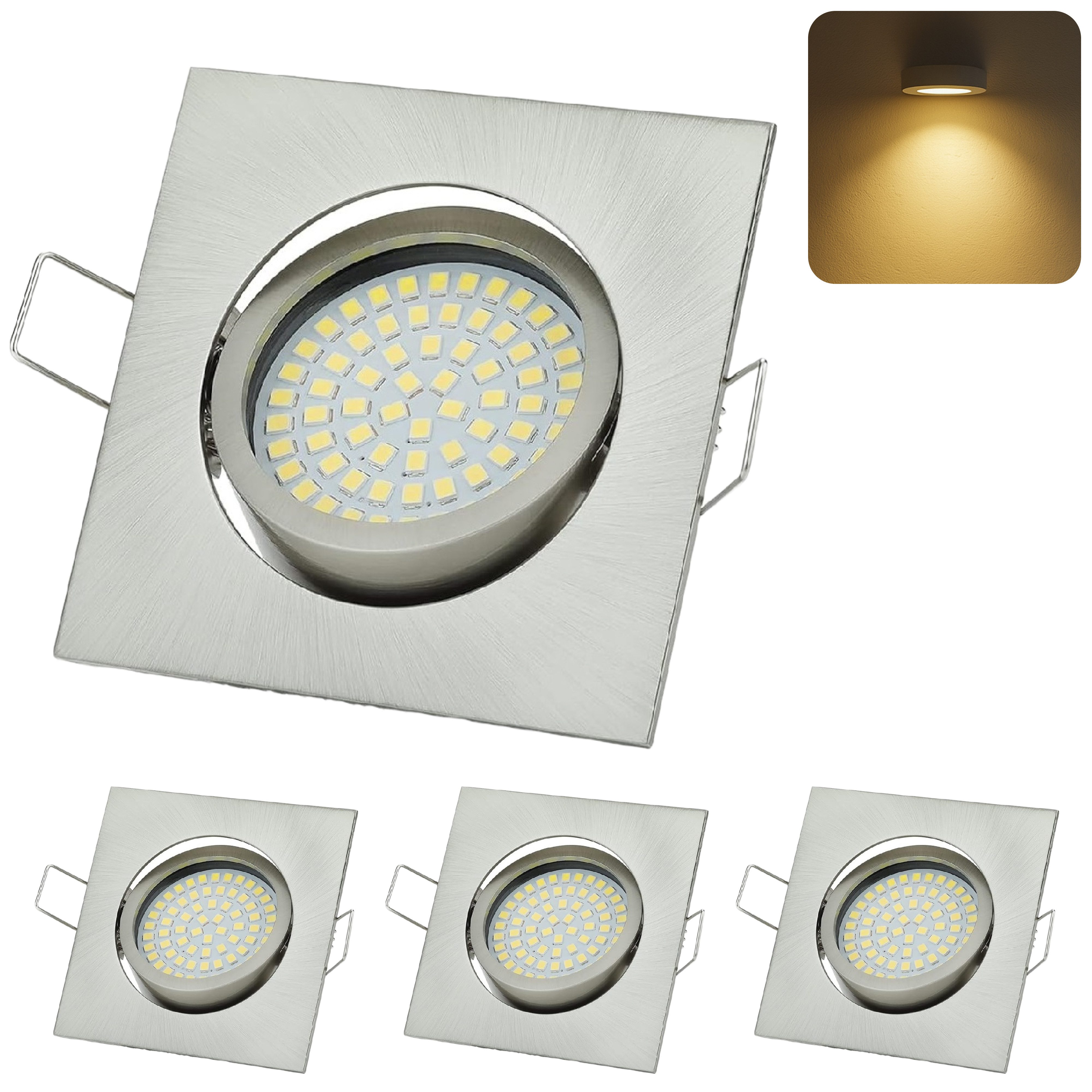 Sweet LED LED Einbaustrahler 4er SET 3000K schwenkbar Chrom LED Deckenspots eckig 3,5W 230V Spot, warmweiß, 3000K, Deckenspots, 82x82 mm, Einbauleuchte