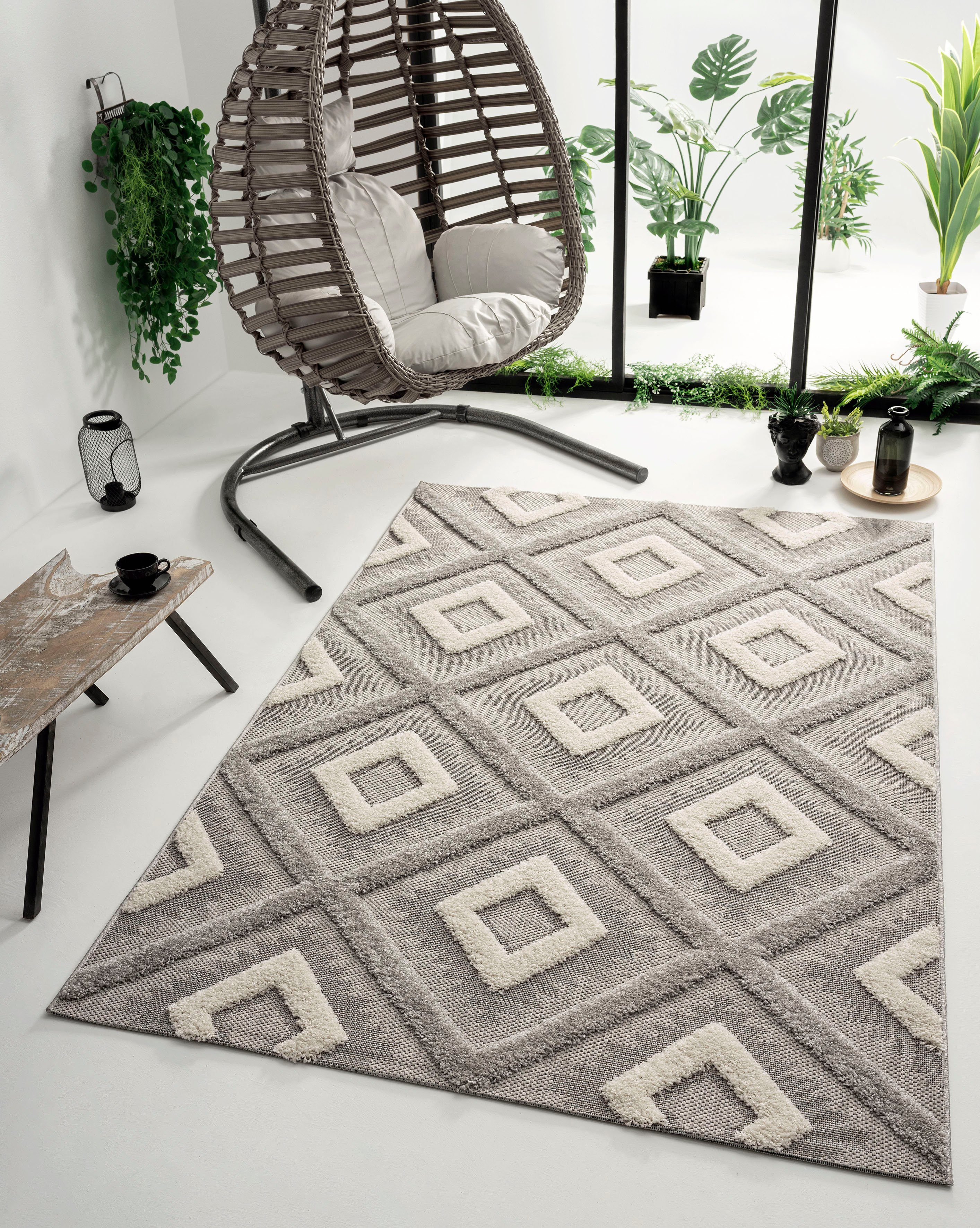 Teppich Kayra 54063, merinos, rechteckig, Höhe: 20 mm, Hoch Tief Struktur,  Boho Style, Scandic, In- Outdoor geeignet | Kurzflor-Teppiche