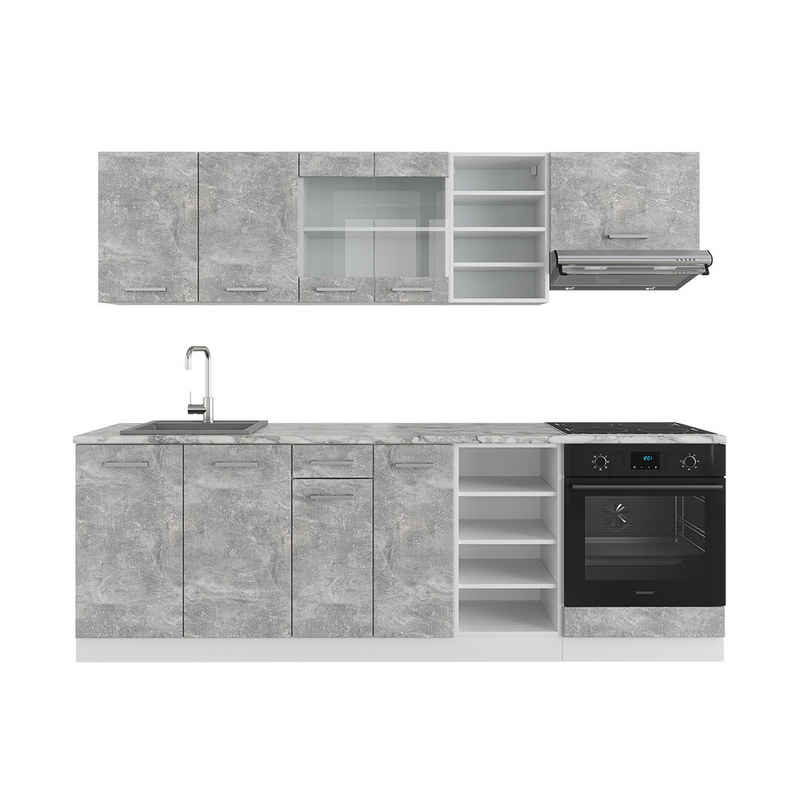 Livinity® Küchenzeile R-Line, Beton/Weiß, 240 cm, AP Anthrazit