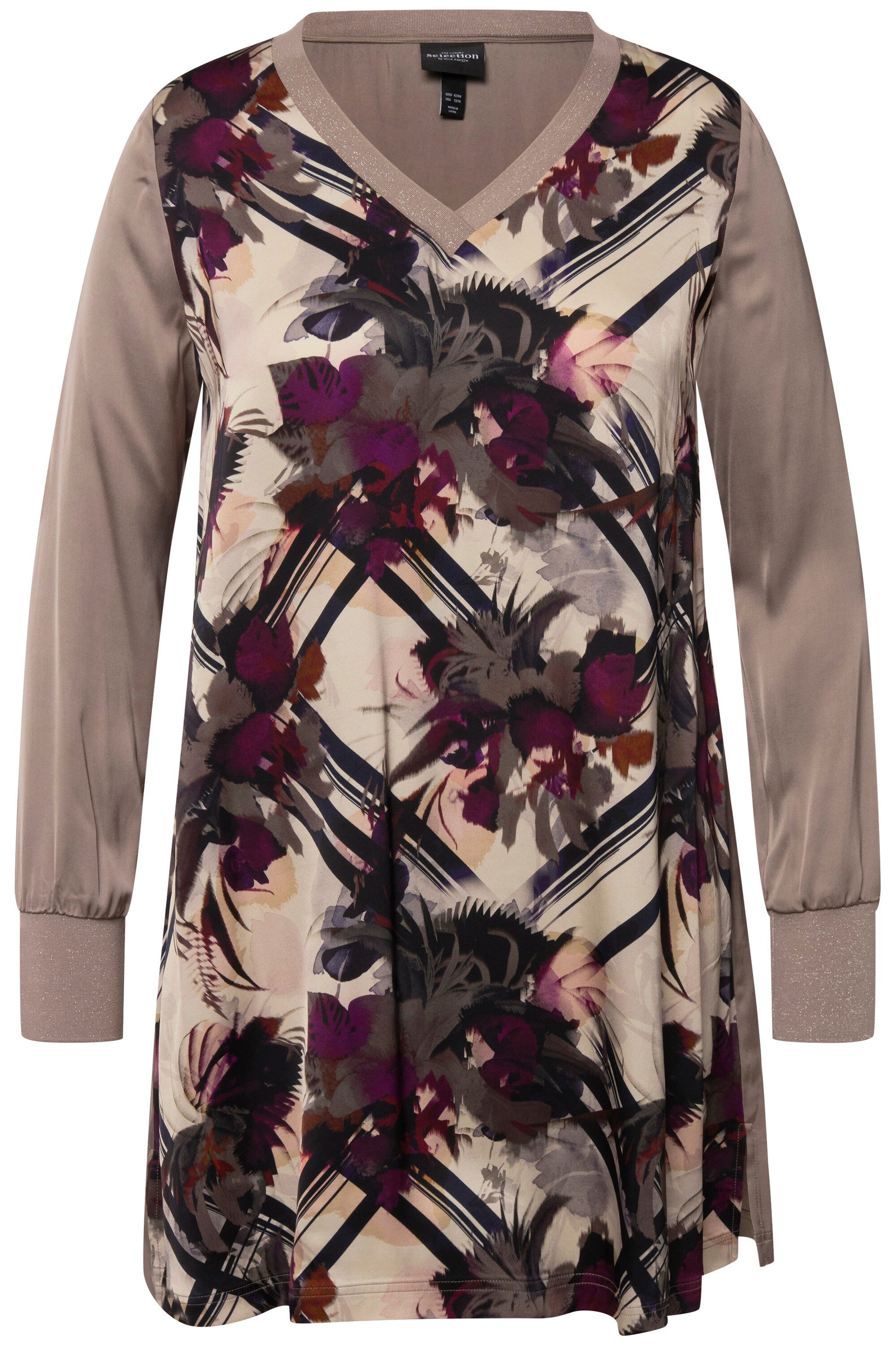 Ulla Popken Tunika Longtunika Satin A-Linie V-Ausschnitt Langarm günstig online kaufen