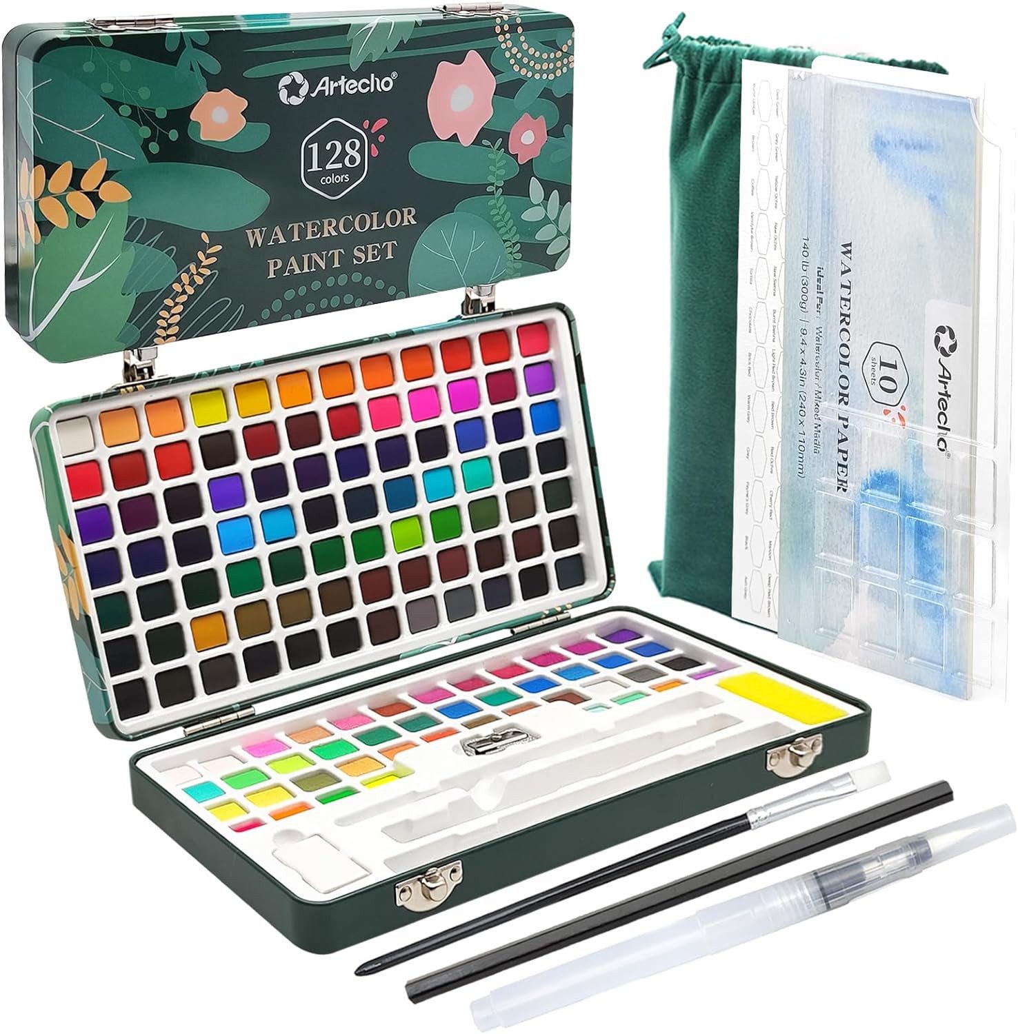 Artecho Aquarellfarbe Set – 24 / 50 / 100 / 128 Wasserfarben mit Aquarellpapieren & Pinseln, - egal ob unterwegs, Zuhause, in der Schule - für Anfänger und Profis