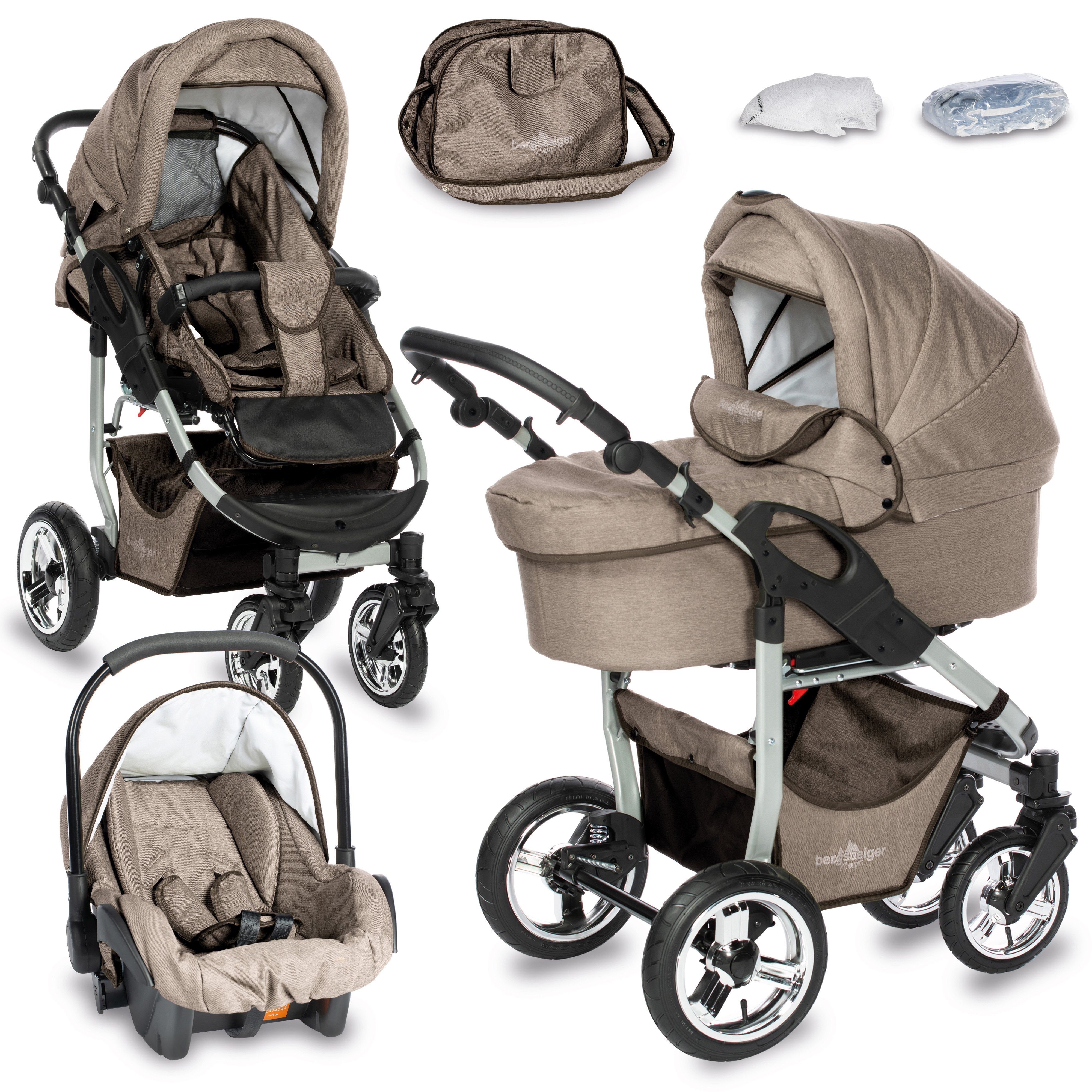 bergsteiger Kombi-Kinderwagen Babywagen Capri 3in1, Kombikinderwagen Komplettset inkl. Zubehör - Babyschale, Buggy-Aufsatz, Sonnenschutz & Wetterfußsack, Federleichtes Gewicht, (10-tlg) brown - Gestell: silber