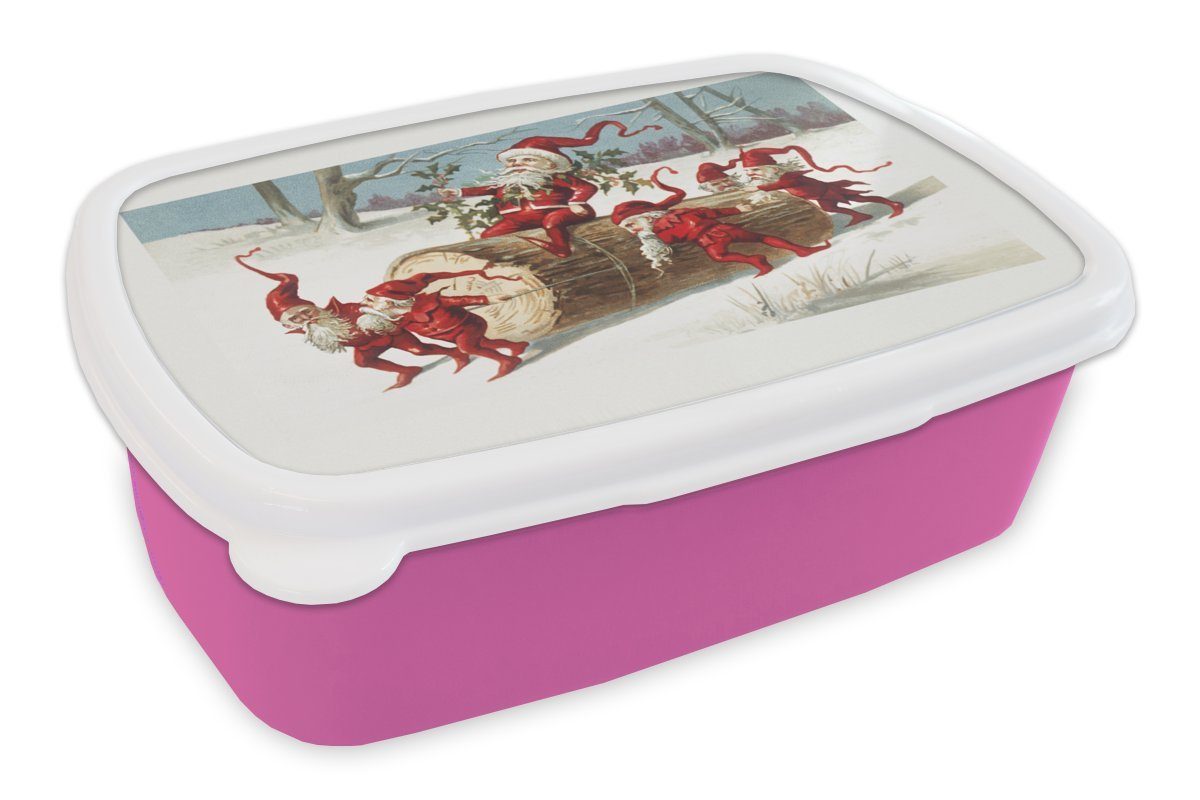 Kunststoff, MuchoWow Erwachsene, - rosa Brotbox Mädchen, Baum Snackbox, Lunchbox (2-tlg), - Weihnachten für Brotdose Kunststoff Kinder, Schnee,