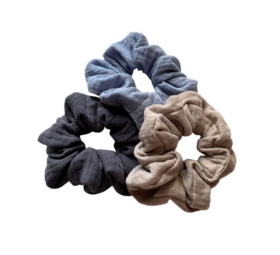 von Herzen Haargummi / Scrunchies / Musselin Set, Haargummi Baumwolle aus 3 Haarband, Dunkelgrau aus Hellblau Taupe