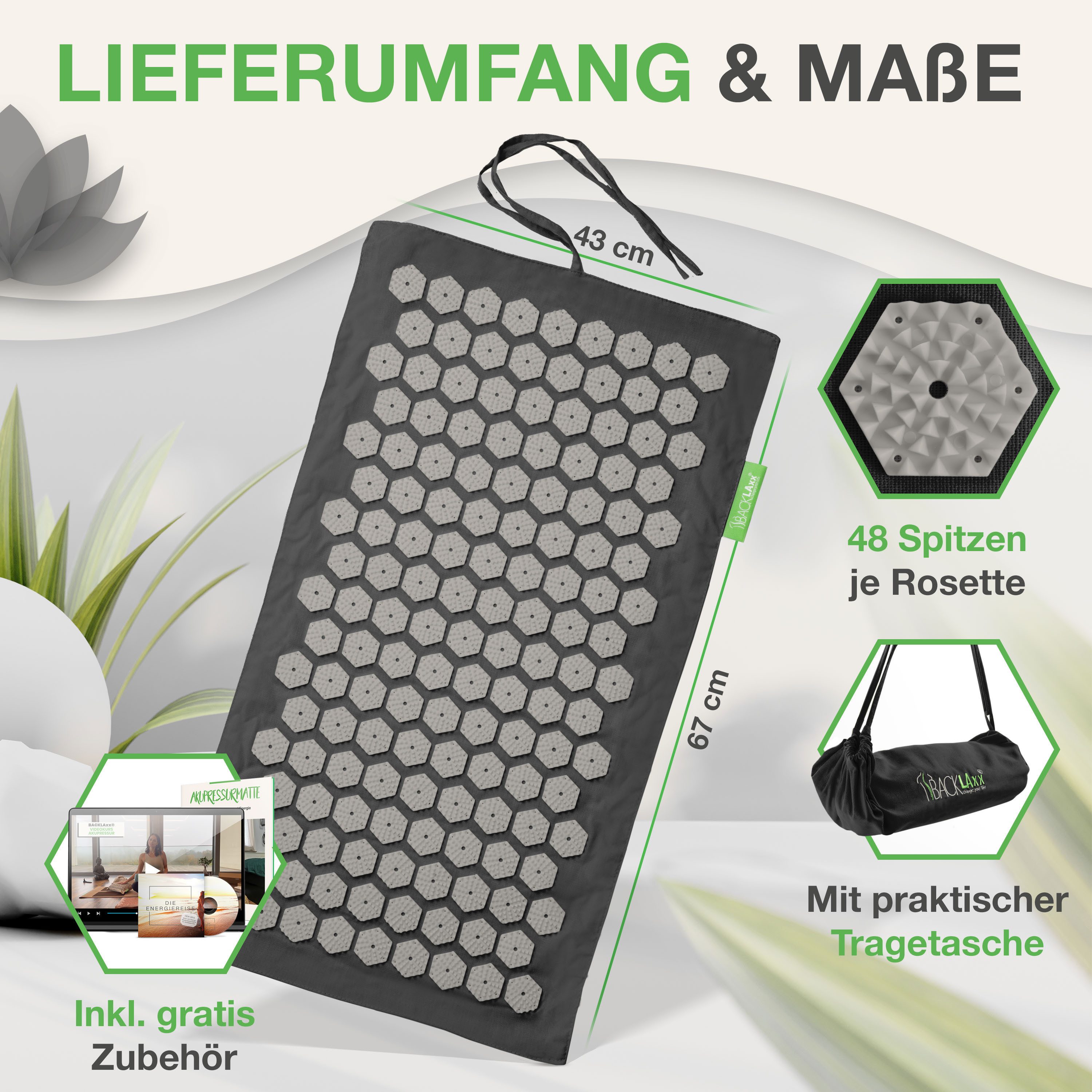 BACKLAxx® Akupressurmatte Set To-Go "Original" mit Tragetasche - ideal für unterwegs (3-tlg. Akupressur Set, inkl Videokurs, eBook & Hörbuch), für Entspannung D – Bild 5 von 5