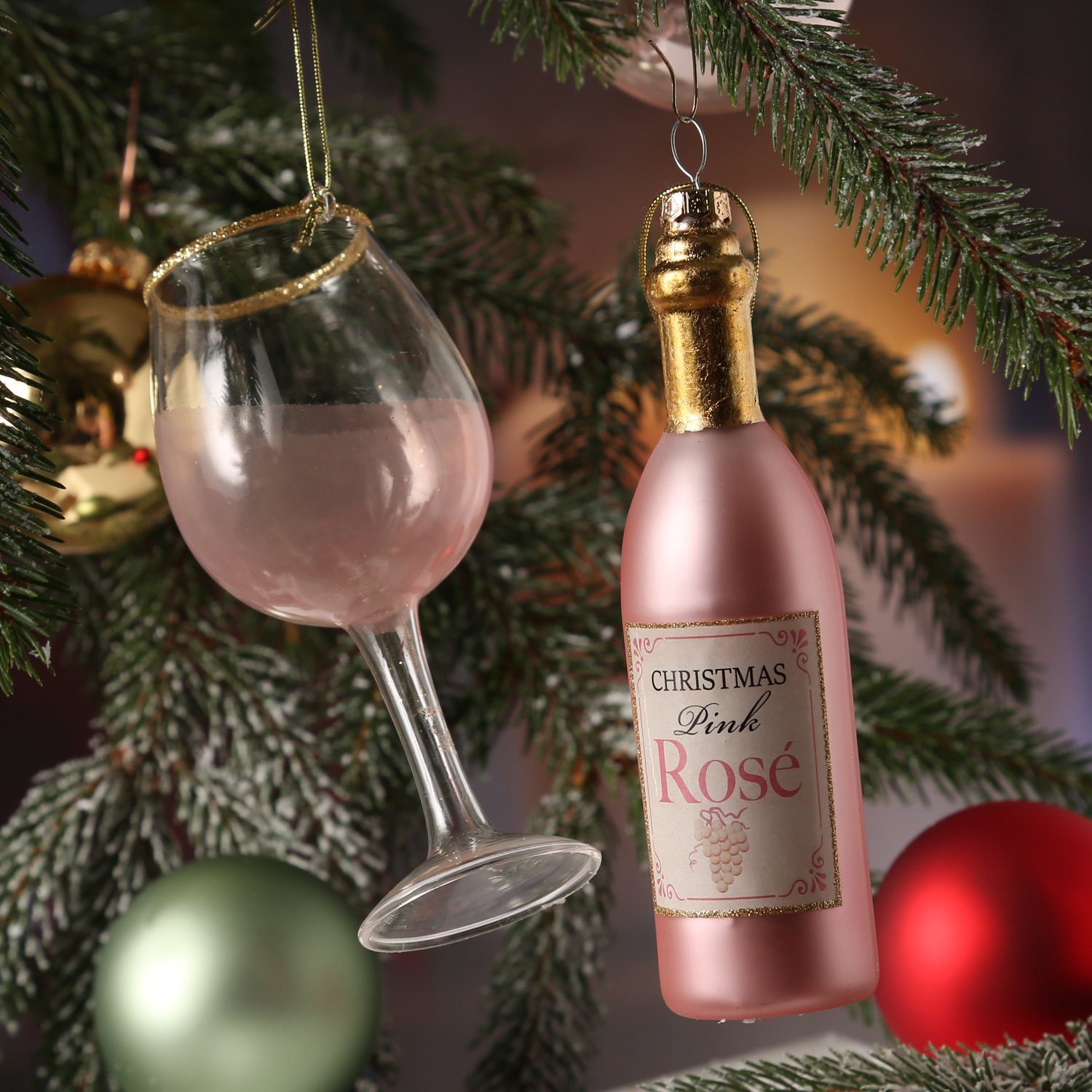 MARELIDA Christbaumschmuck Weihnachtsbaumschmuck ROSÉWEIN Flasche und Glas rosa 2teilig