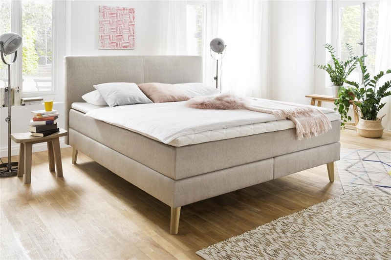 möbelando Boxspringbett Greta, Boxspringbett Greta mit Stoffbezug Porto beige, Liegefläche 180x200 cm, Kopfteil glatt, Holzfuß eichefarbig