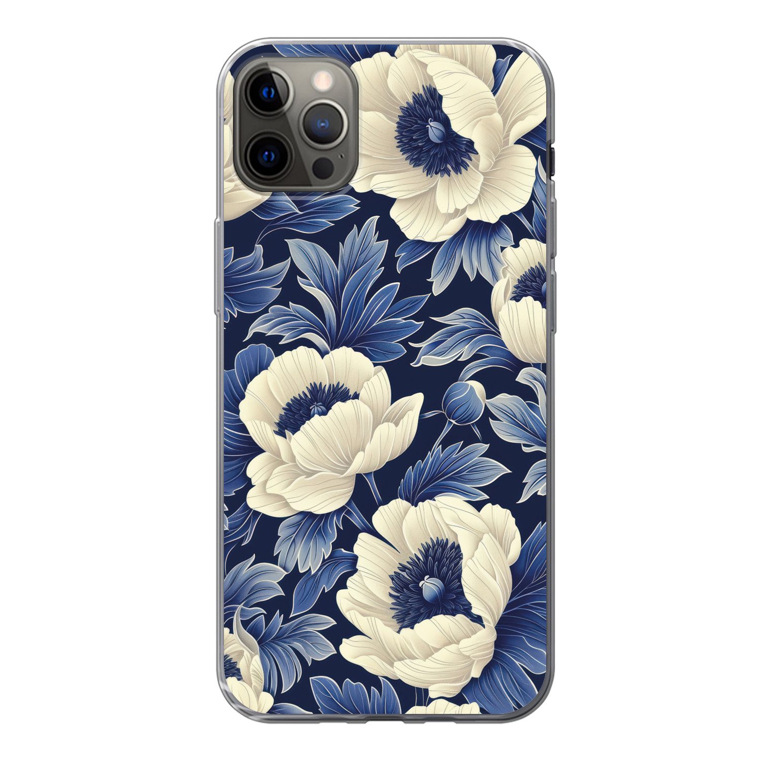 MuchoWow Handyhülle für Apple iPhone 13 Pro Max Blumen - Muster - Blau - Weiß, Smartphone-Bumper, Print, Handy Schutzhülle Dünn