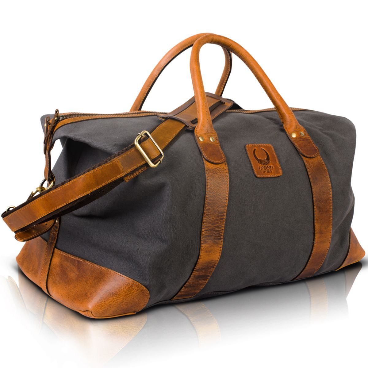 Corno d´Oro Weekender Handmade Reisetasche aus Canvas und Leder Groß für Damen und Herren, verstellbares Innenvolumen bis 60 L, leicht, breiter Schulterriemen