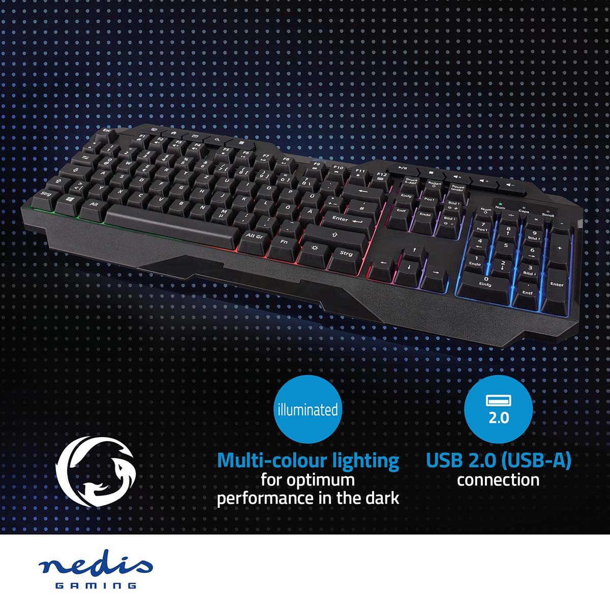 Nedis GKBD110BKDE Gaming-Tastatur (Gaming-Tastatur, LED-Beleuchtung, leise Tasten, Multimedia-Funktion)