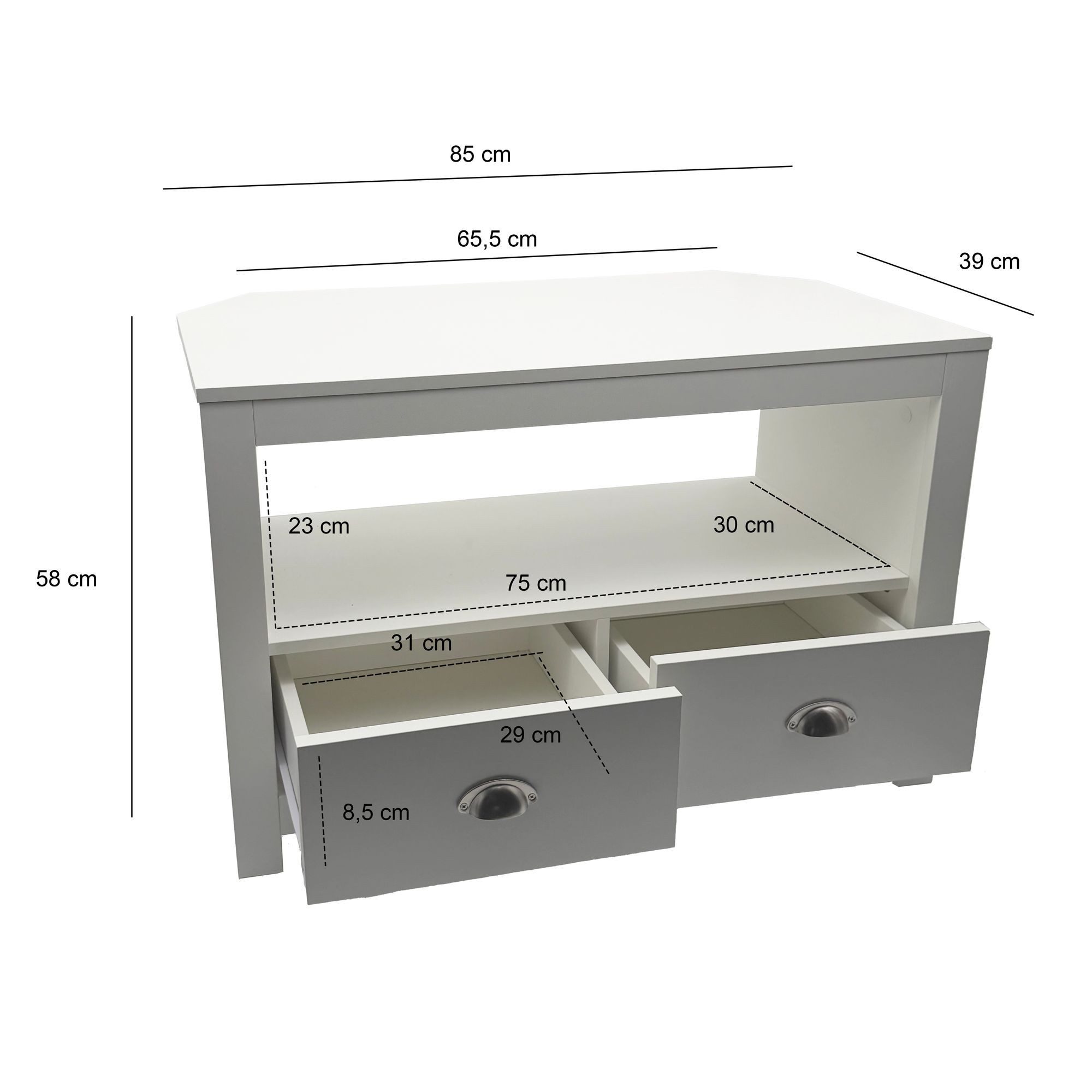 FineBuy Lowboard TV Möbel Weiß 85cm - Kompaktes TV Board mit zwei Schubladen - Fernsehunterschrank mit offenem Fach - Platzsparende Fernsehkommode - Fernsehschr – Bild 3 von 5
