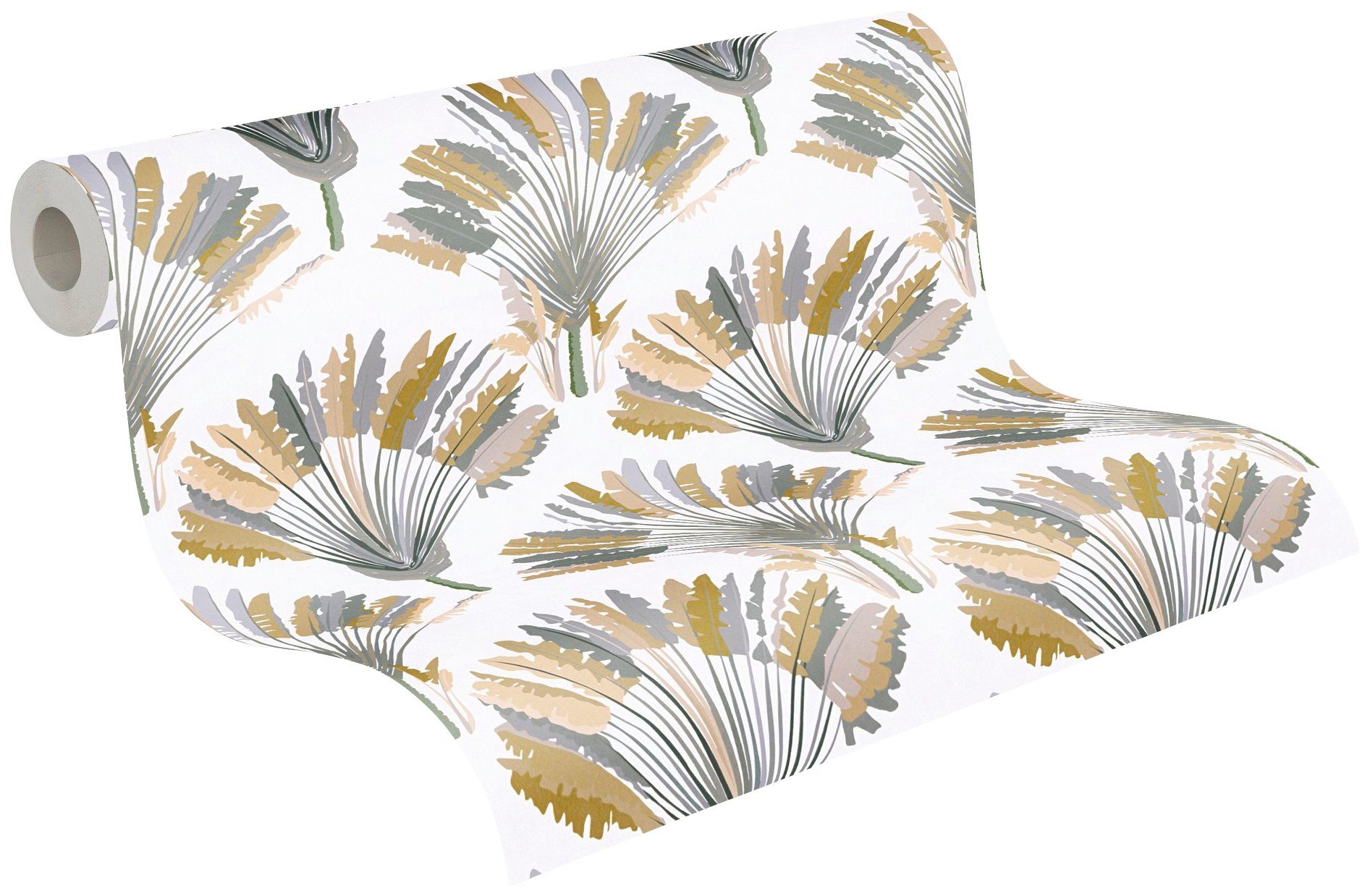 glatt, floral, botanisch, Paper Tapete Chic, Palmentapete tropisch, Jungle Architects Dschungel Federn Vliestapete gelb/grau/weiß