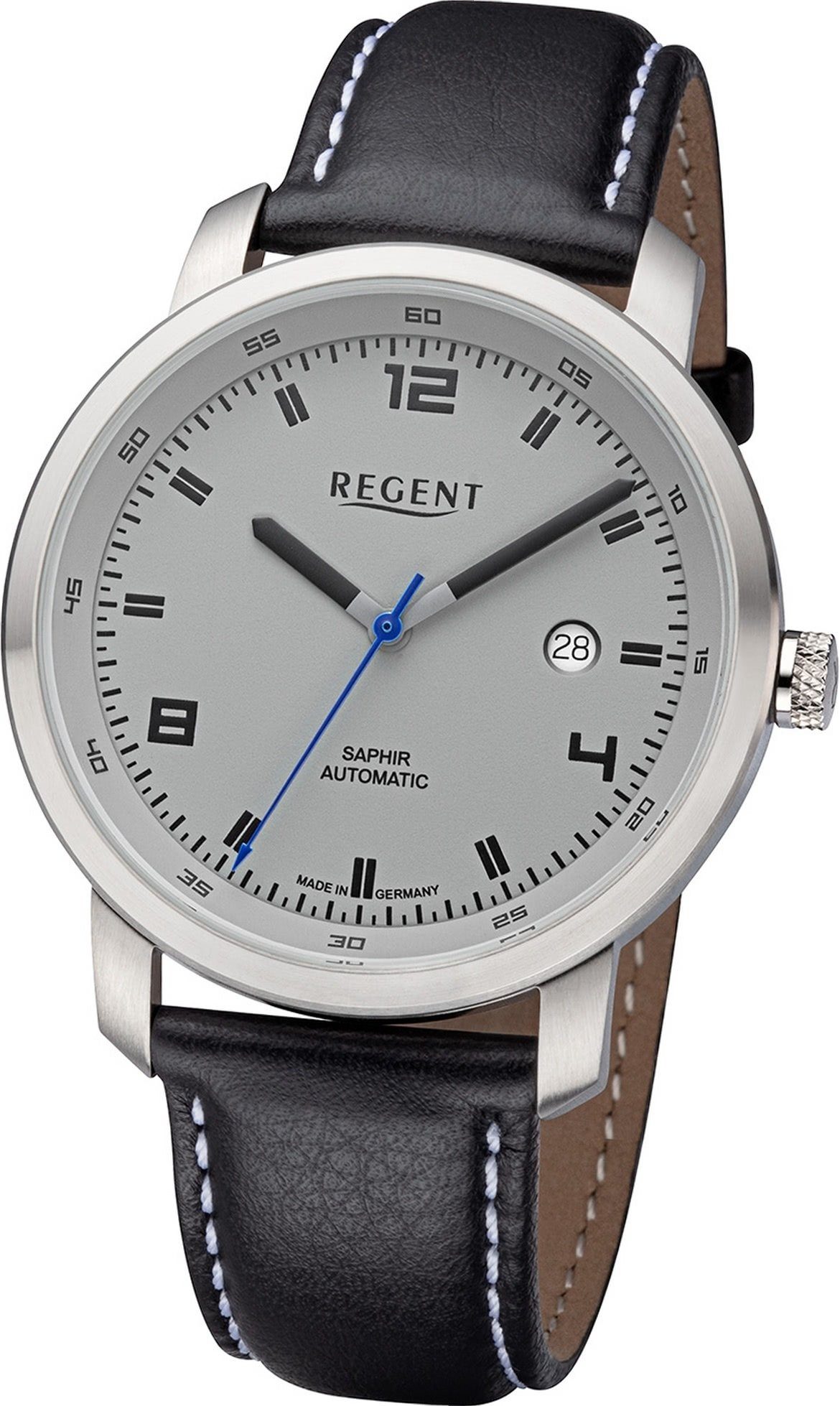 Regent Quarzuhr Regent Herren Armbanduhr Analog, Herrenuhr Lederbandarmband schwarz, rundes Gehäuse, groß (ca. 44mm) | Quarzuhren