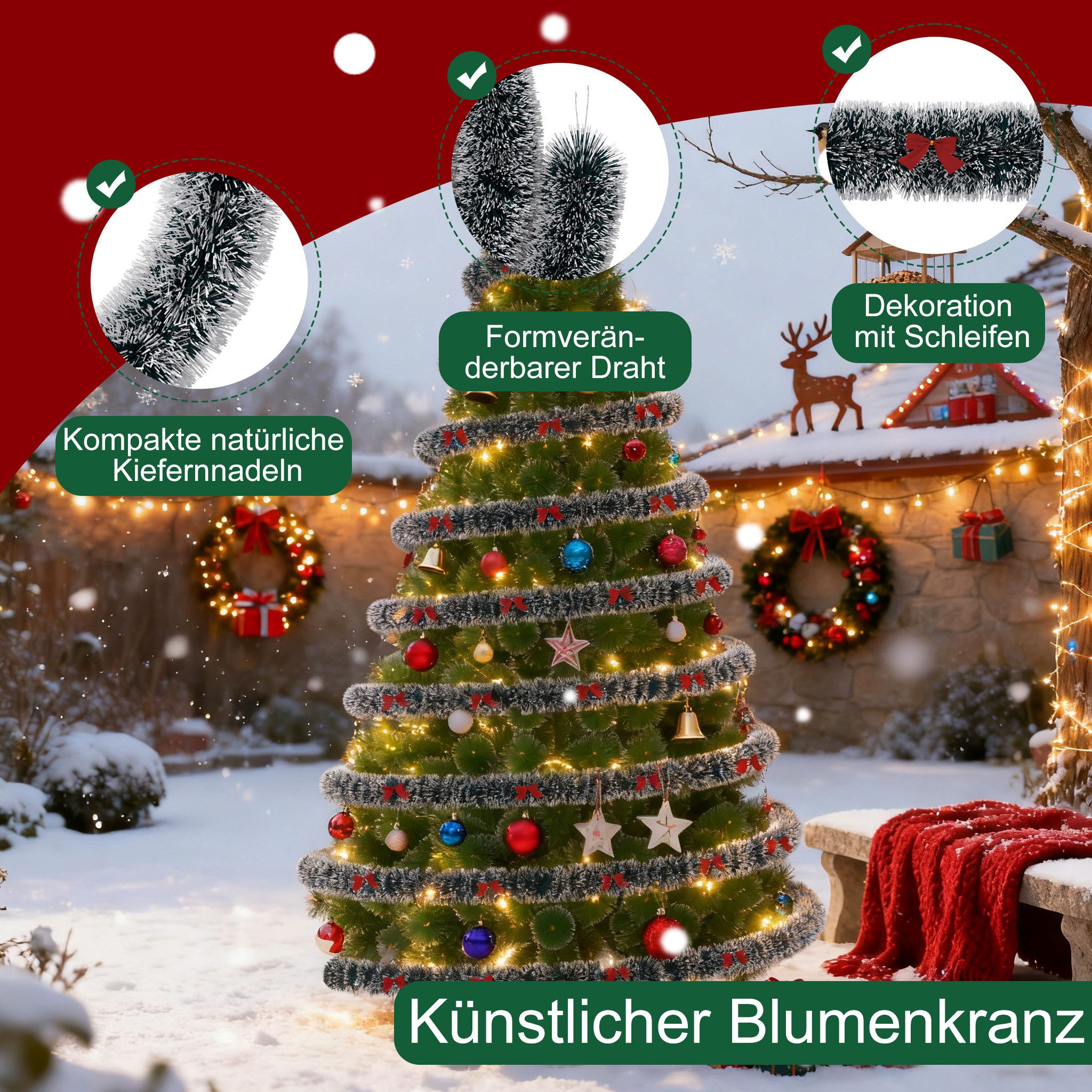FIVMEN Girlanden 8/10/12/15M Weihnachtsgirland Grün Girlande mit Bogen, PET Tiefgrüne + Weiß/Hellgrüne Weihnachtsdeko
