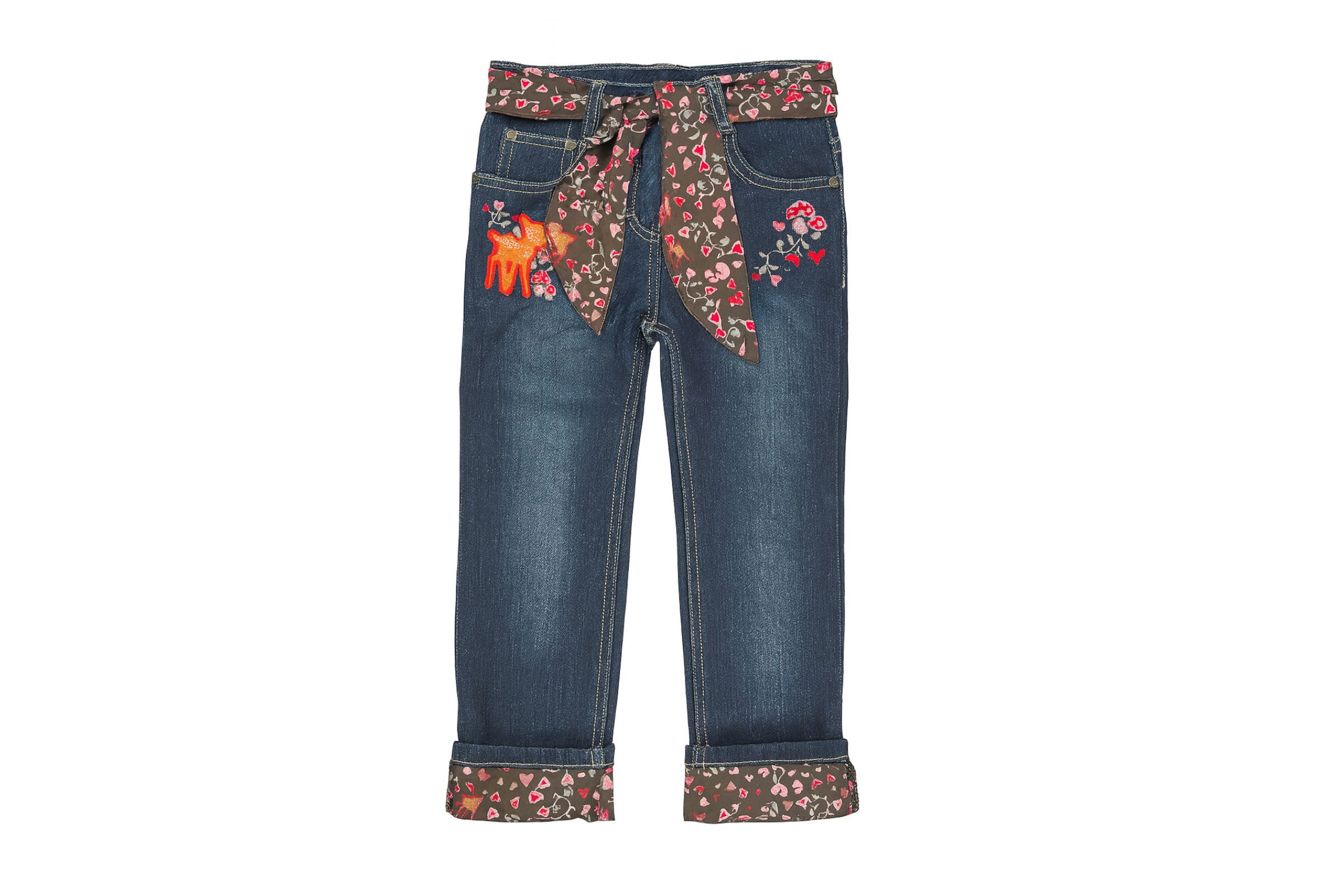 lupilu 5-Pocket-Jeans Mädchen Jeans Hose mit Innenprint Weitenverstellbar (Bekleidungsset, Jeans mit Bindegürtel) Nieten und Knöpfe mit Pilz-Prägung