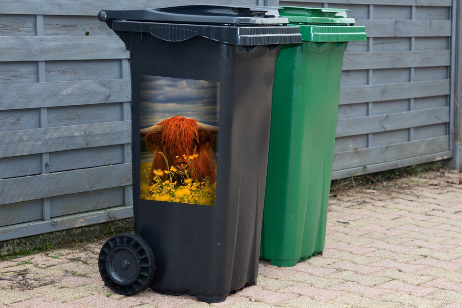 Tiere Wandsticker Schottischer Blumen (1 Highlander Mülltonne, Mülleimer-aufkleber, Sticker, MuchoWow Abfalbehälter - St), Container, -