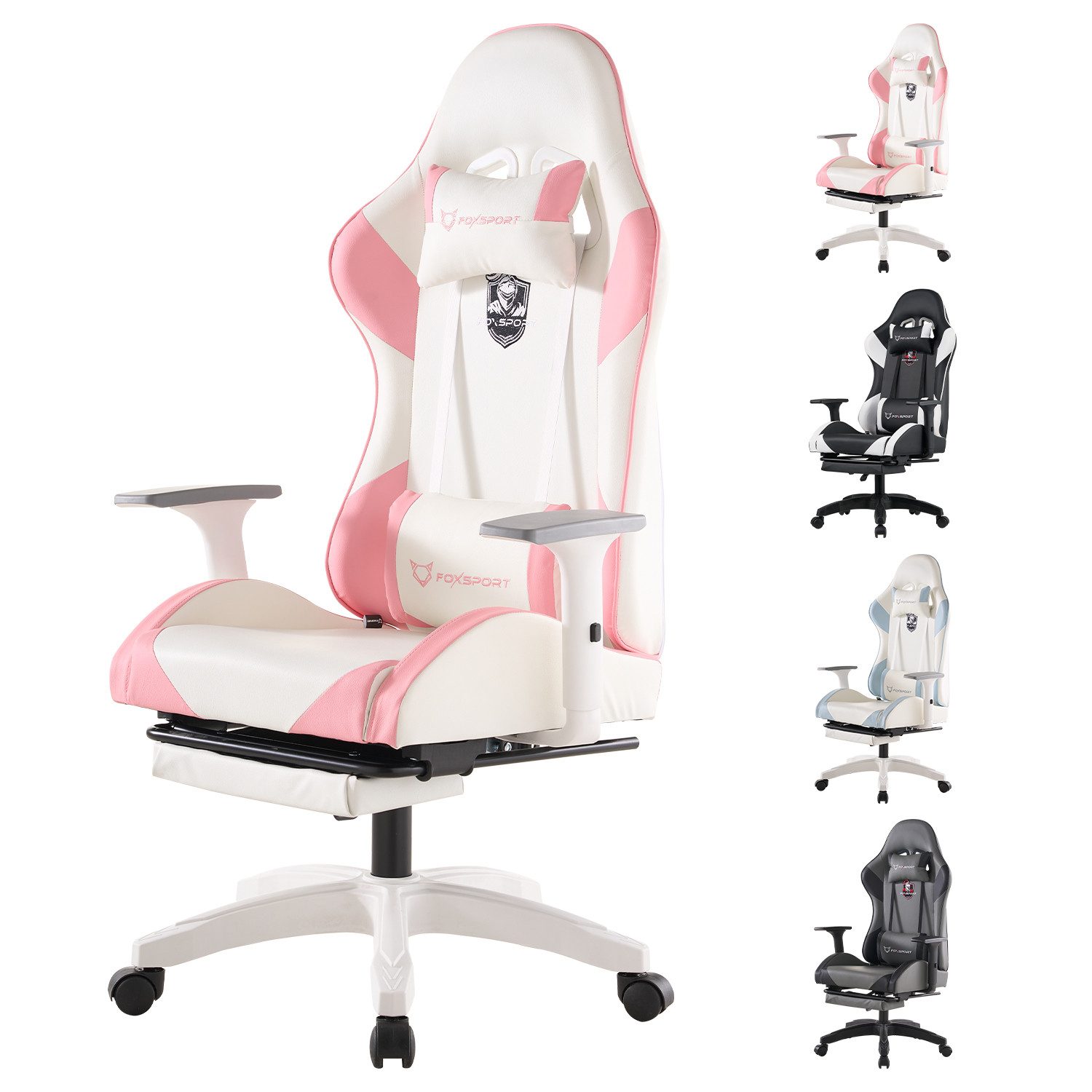FOXSPORT Gaming-Stuhl inkl. Rücken- & Nackenkissen, ergonomischer Bürostuhl (Computer Stuhl mit Racing-Design, Drehstuhl mit 3D-Armstützen und verstellbarer Fußstütze, 150° verstellbare Rückenlehne, 1 St), 360° drehbar, 10 cm Höhenverstellung, belastbar bis 150 kg