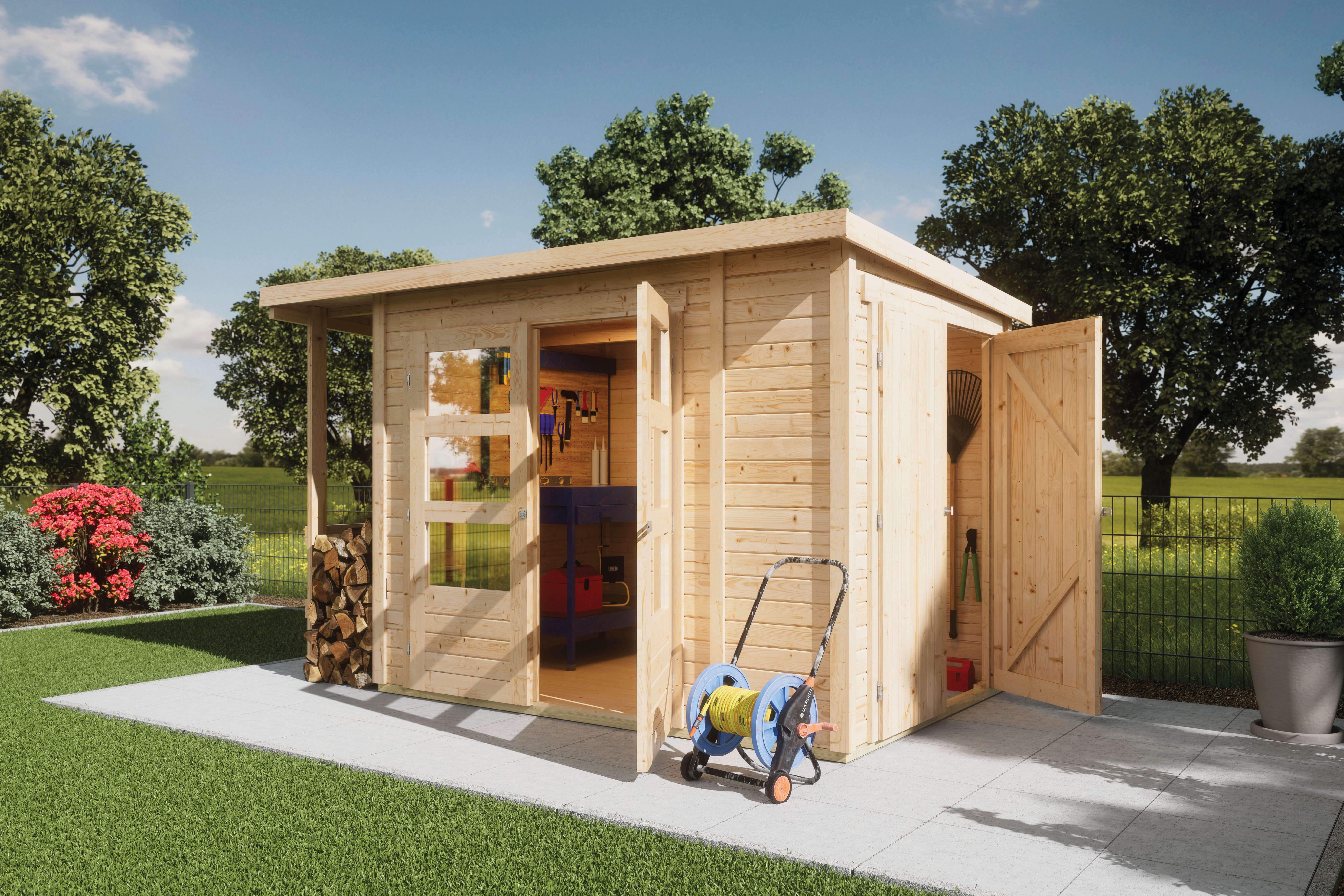 Karibu Gartenhaus Multifunktionshaus 1 Pultdach, BxT: 300x186,5 cm, naturbelassen oder terragrau, Made in Germany