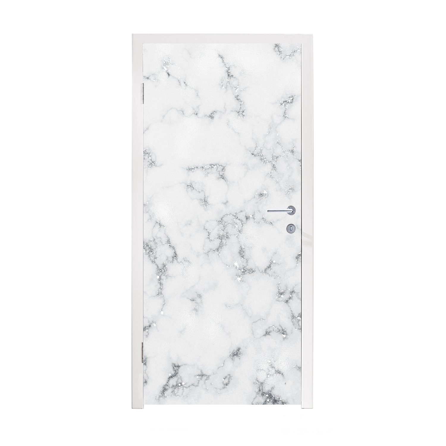 MuchoWow Türtapete Marmor - Weiß - Silber - Glitter - Marmoroptik - Chic, Matt, bedruckt, (1 St), Selbstklebende Tapete, Folie für Möbel, 75x205 cm