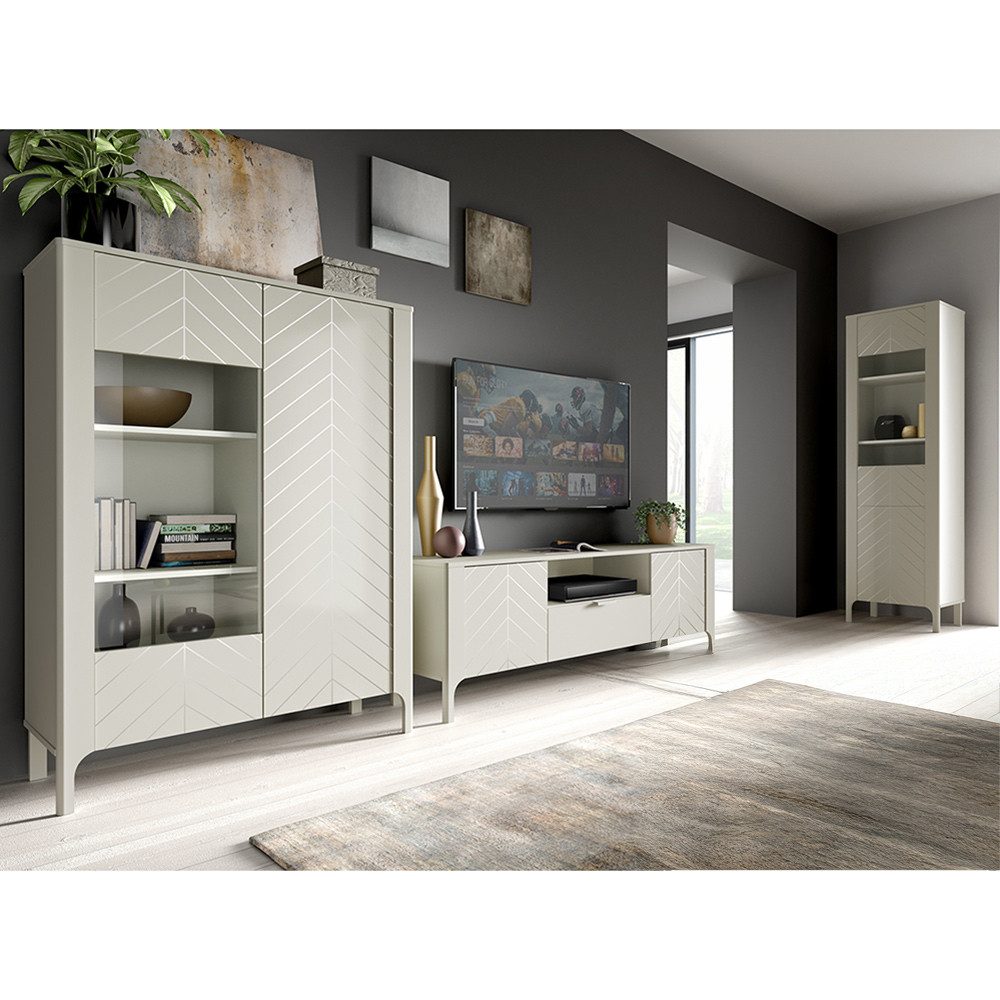 Lomadox Wohnzimmer-Set MAZARA-161, (Mega-Spar-Set, 3-St., Vitrine Lowboard Highboard), Wohnwand mit Fischgrät Dekor, Push-to-Open und Softclose-Funktion