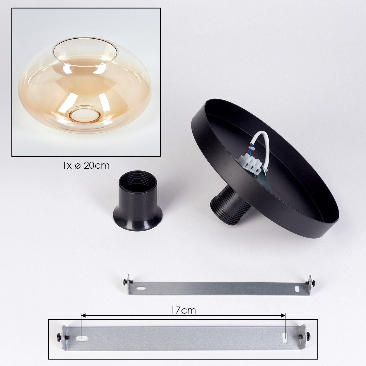 hofstein Deckenleuchte Deckenlampe aus Metall/Glas in Schwarz/Bernsteinfarben/Klar, ohne Leuchtmittel, Leuchte im Retro/Vintage-Design mit Glasschirm (20 cm), 1 – Bild 5 von 5