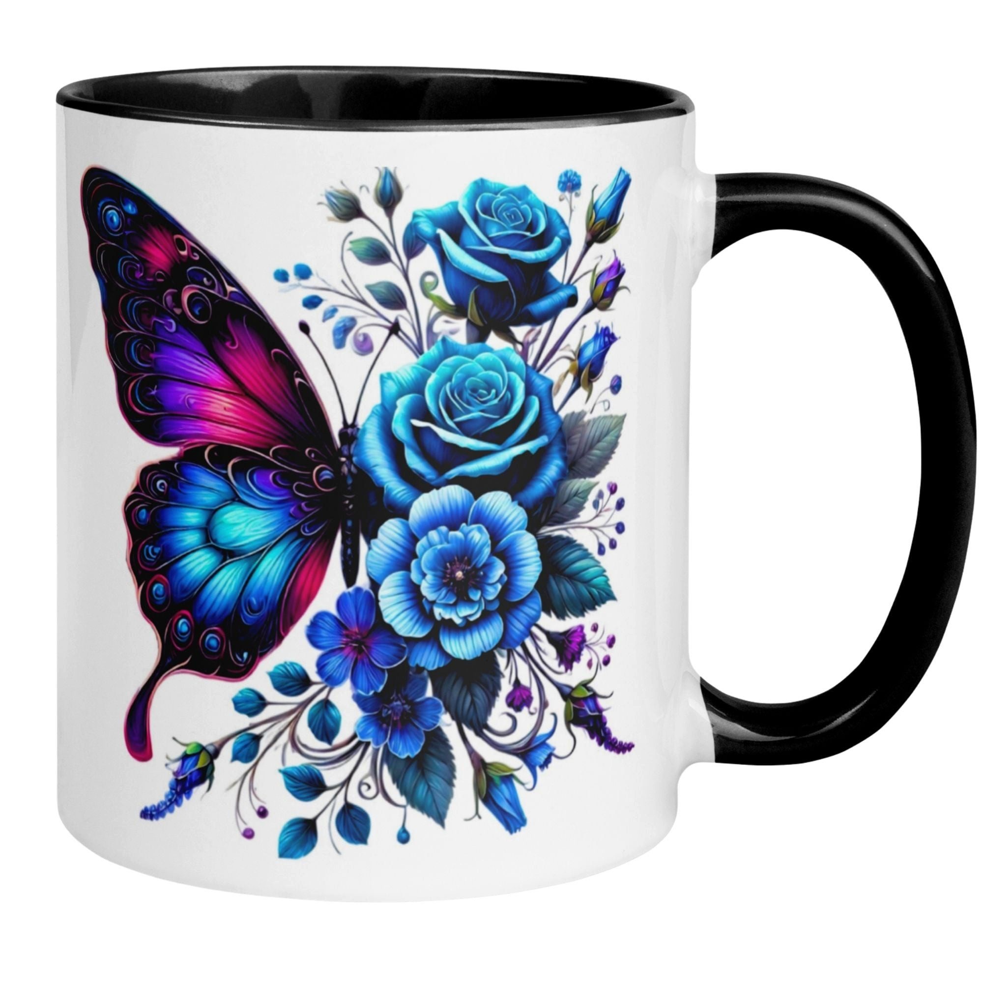 Momentals Tasse Schmetterling – „Blaues Blütendesign“ – Geschenk mit Schmetterlingen, Beidseitiger Druck · Links- & Rechtshänder · Spülmaschinenfest