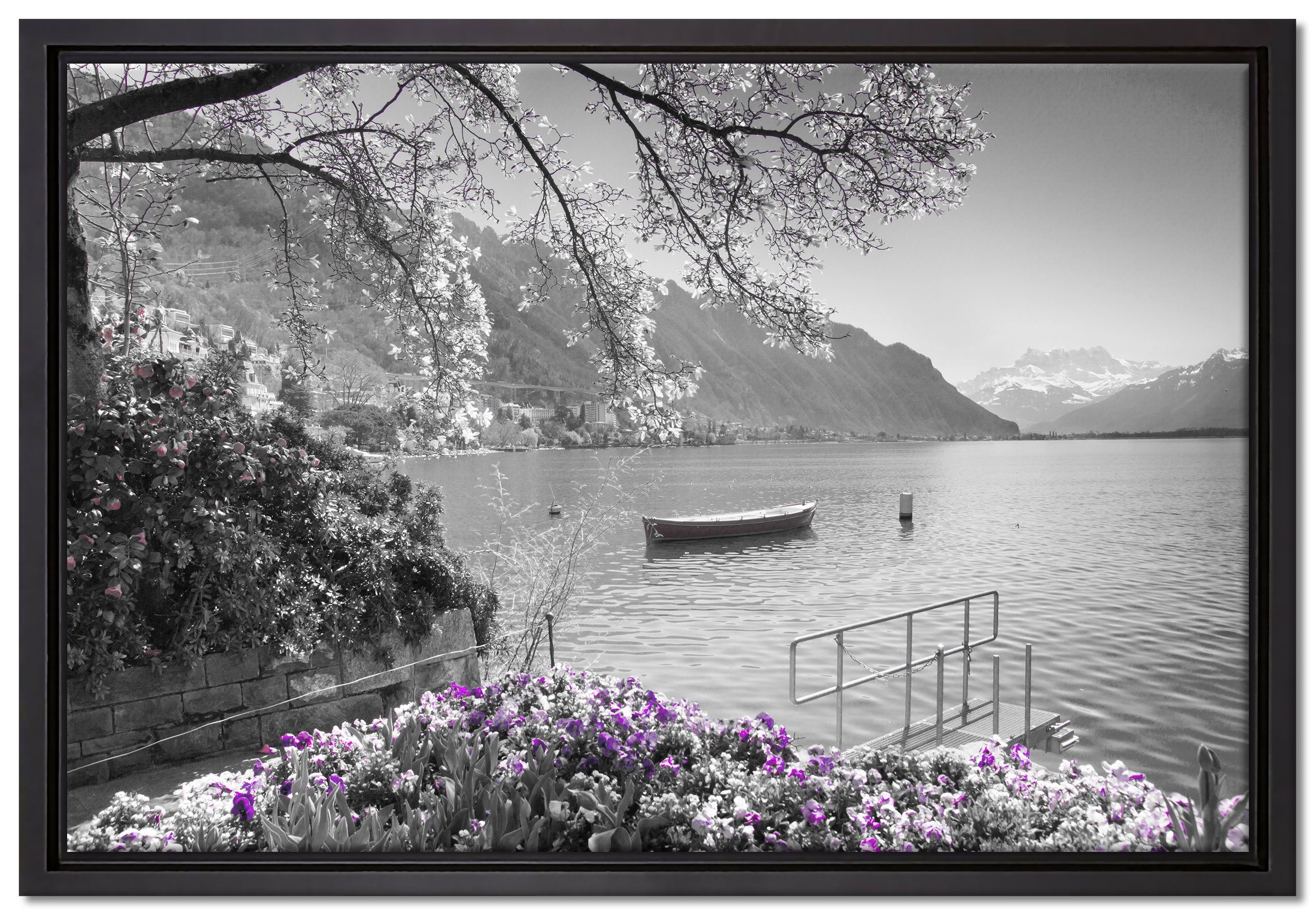 Pixxprint Leinwandbild Genfer See im Sonnenschein, Wanddekoration (1 St), Leinwandbild fertig bespannt, in einem Schattenfugen-Bilderrahmen gefasst, inkl. Zackenaufhänger