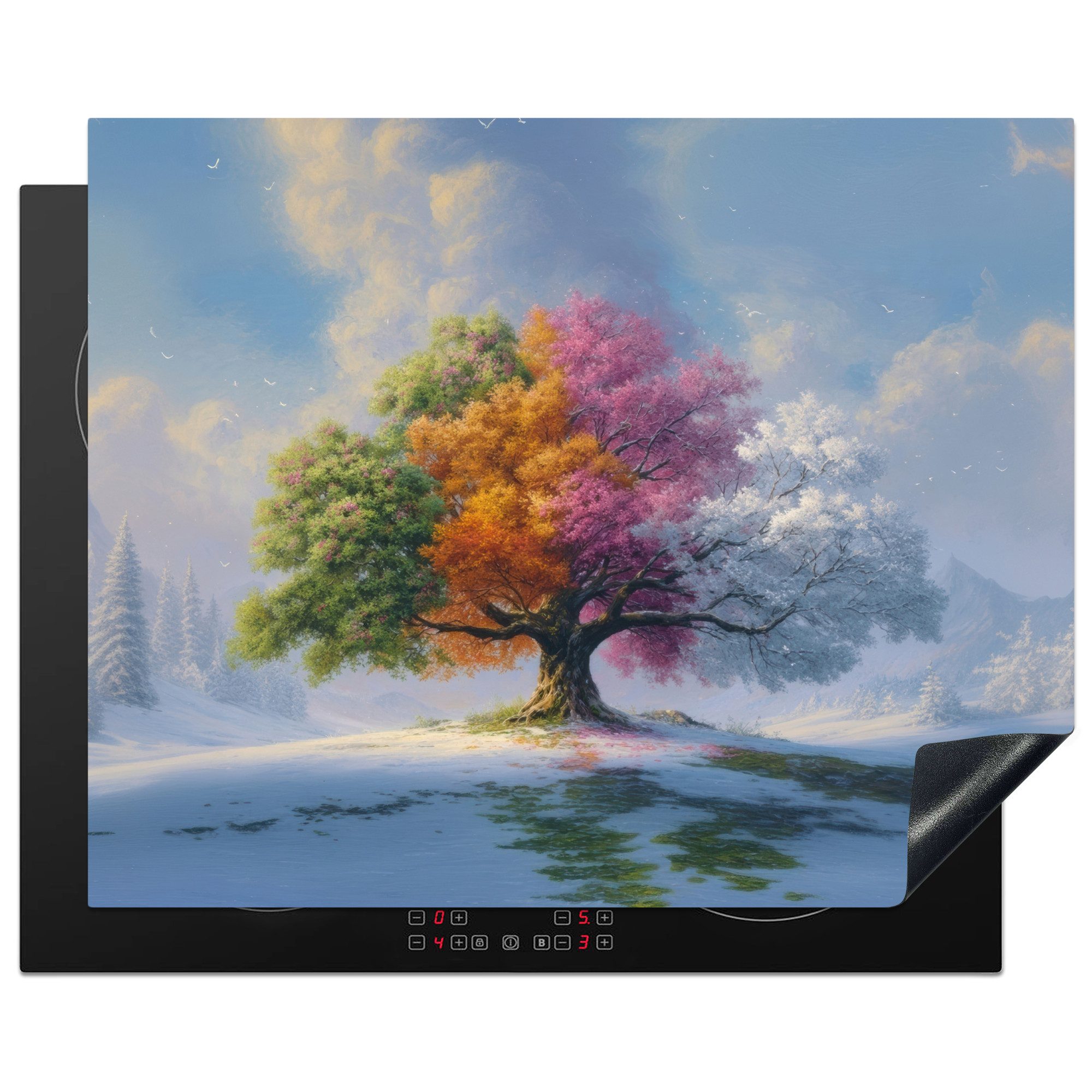 MuchoWow Herd-Abdeckplatte Baum - Jahreszeiten - Winter - Landschaft, Vinyl, (1 tlg), Abdeckung Induktionskochfeld Schutzmatte, Küche Deko, 65x52 cm