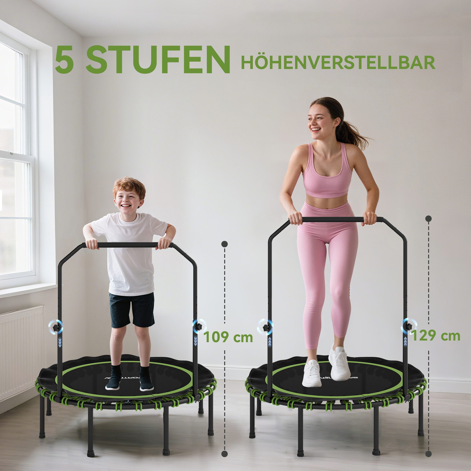 SPORTNOW Fitnesstrampolin Mini Trampoline mit 5 verstellbare Handgriffstufen, leise Gummiseil, Ø 122 cm, (Sport-Trampolin, 1 tlg., Fitness-Trampolin), Stahl, Ku – Bild 4 von 5