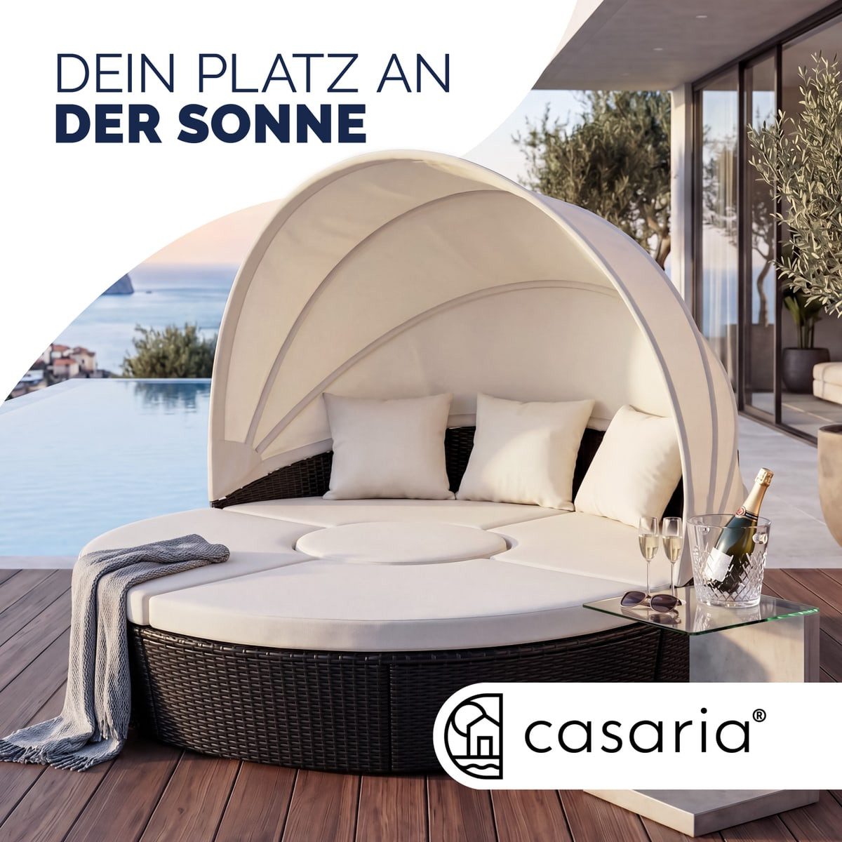 Casaria Sonneninsel Schwarz, 185cm Sonnenliege Polyrattan mit Tisch Wetterfest Kissen Gartenliege
