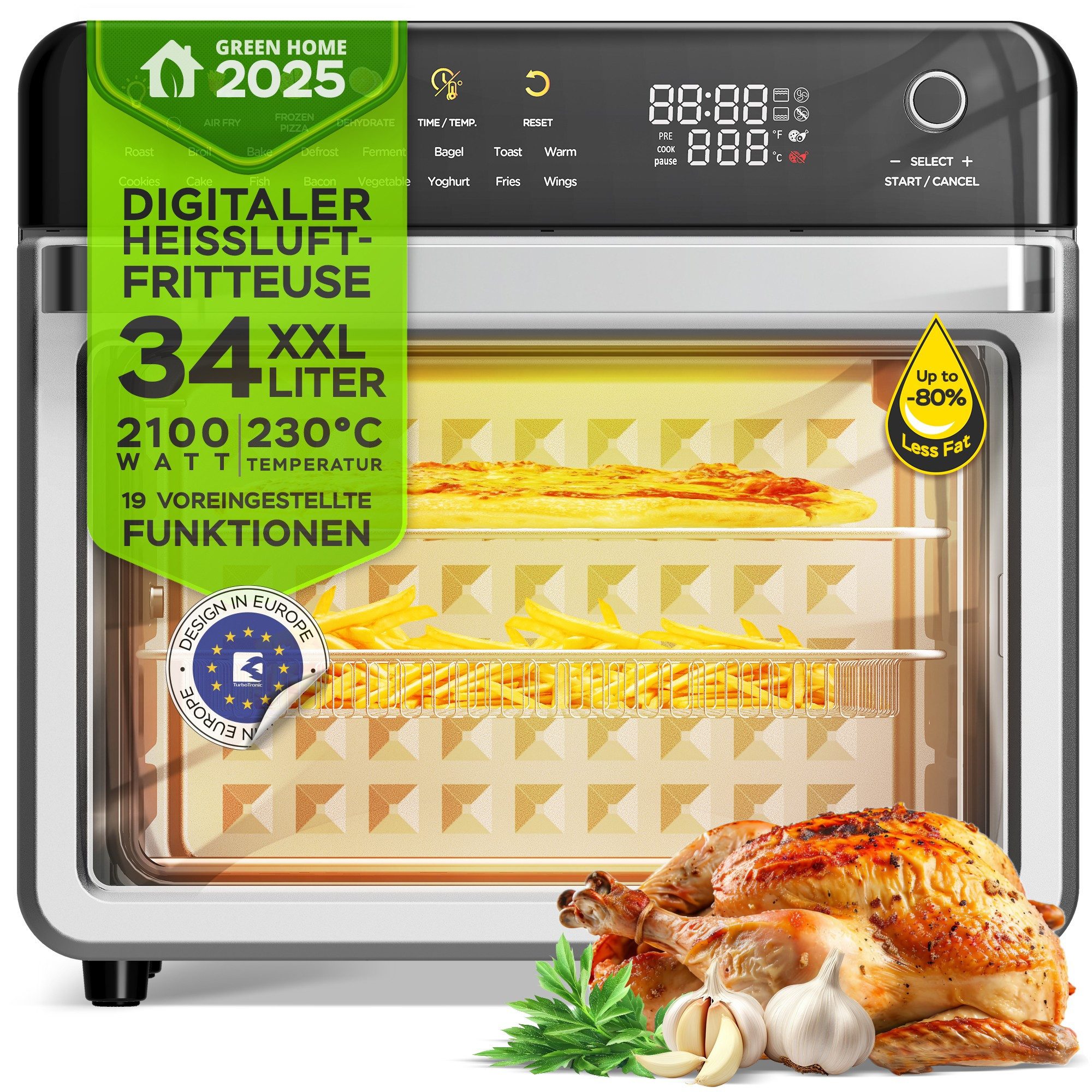 TurboTronic by Z-Line Minibackofen 34 L Dörrautomat & Heißluftfritteuse 2100 W Power Backofen, 19in1 Heißluftofen mit Dörrfunktion Grill Airfryer 0,5 kg Pommes