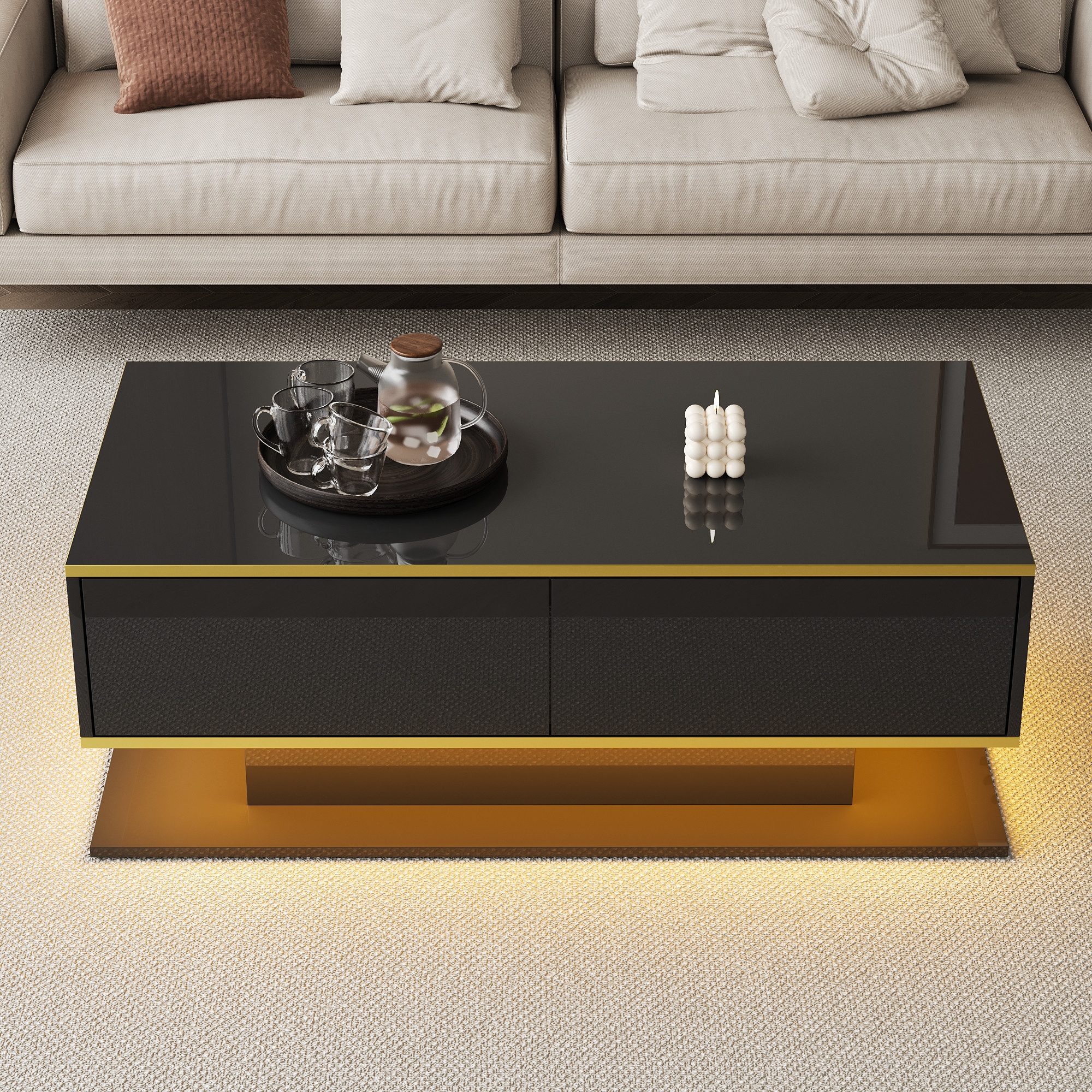 Merax Couchtisch hochglanz Sofatisch Beistelltisch mit LED-Beleuchtung (1-St), Wohnzimmertisch mit 3 Schubladen, Stauraum & Goldakzenten, 100x50x40cm – Bild 4 von 5