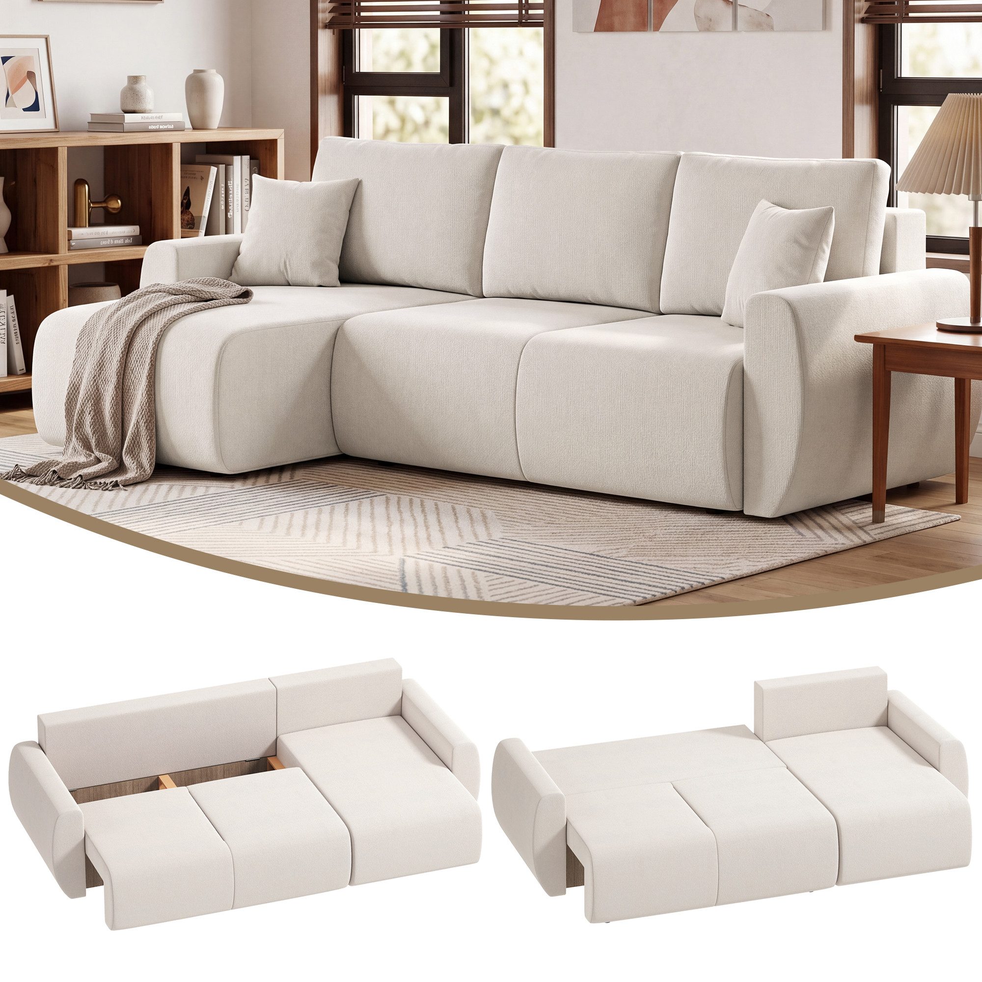 HOMCOM Schlafsofa Ecksofa mit Schlaffunktion L-Form, 3 Sitzer Sofa 1 Teile, mit Bettfunktion, reversible Chaiselongue, Stauraum