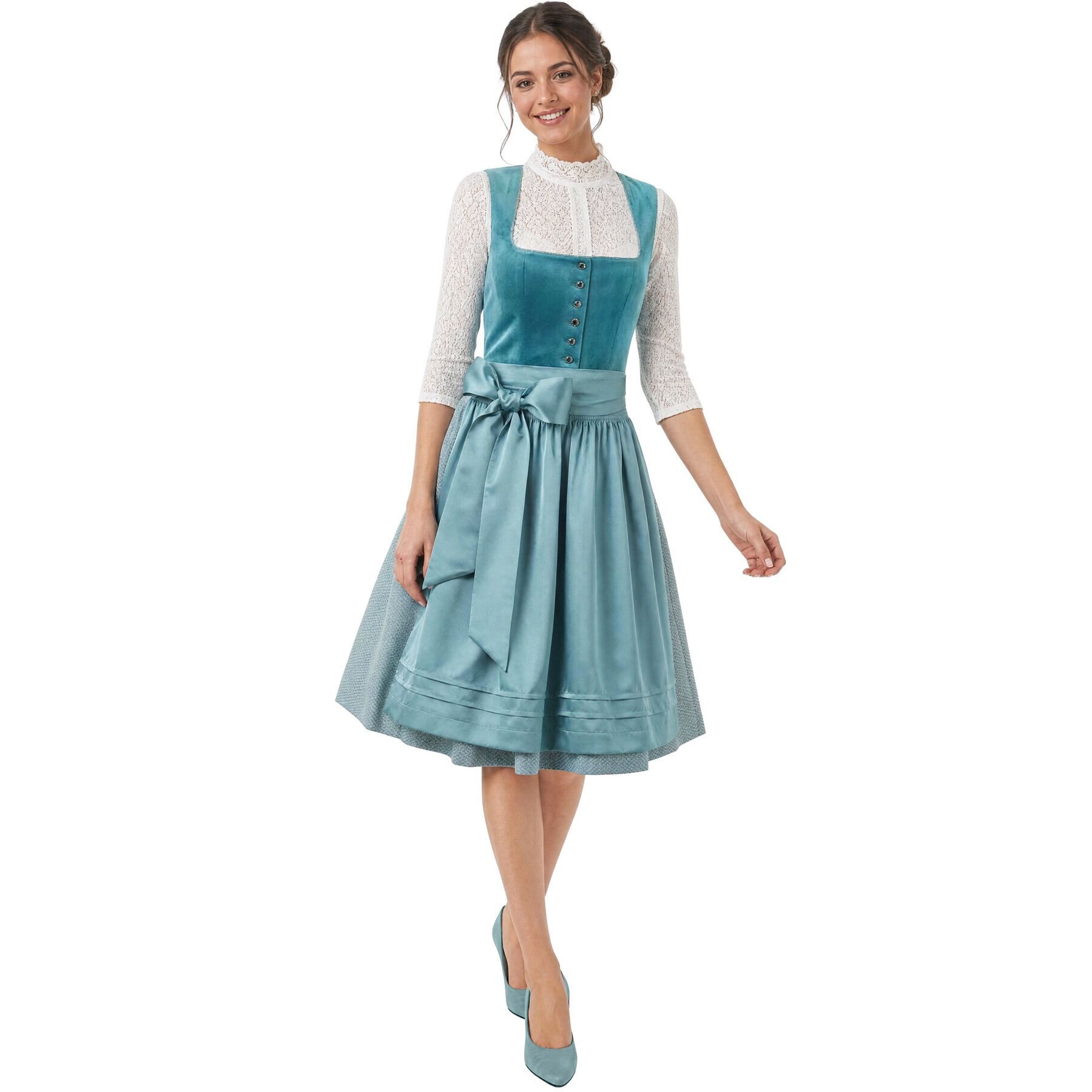 dressforfun Dirndl Petrol-Mini-Dirndl, versteckte Taschen, Samtmieder, gerader (Trachtenkleid Ronja, Konfektionsgröße 48, grün) Knopfleiste vorn, Floralrock, Petrol-Satinschürze mit breiter Schleife