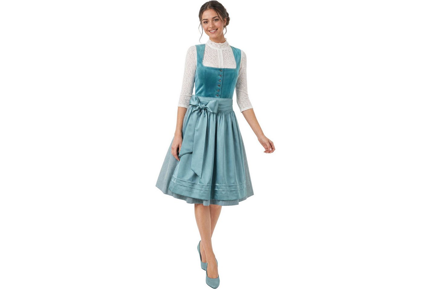 dressforfun Dirndl Petrol-Mini-Dirndl, versteckte Taschen, Samtmieder, gerader (Trachtenkleid Ronja, Konfektionsgröße 44, grün) Knopfleiste vorn, Floralrock, Petrol-Satinschürze mit breiter Schleife