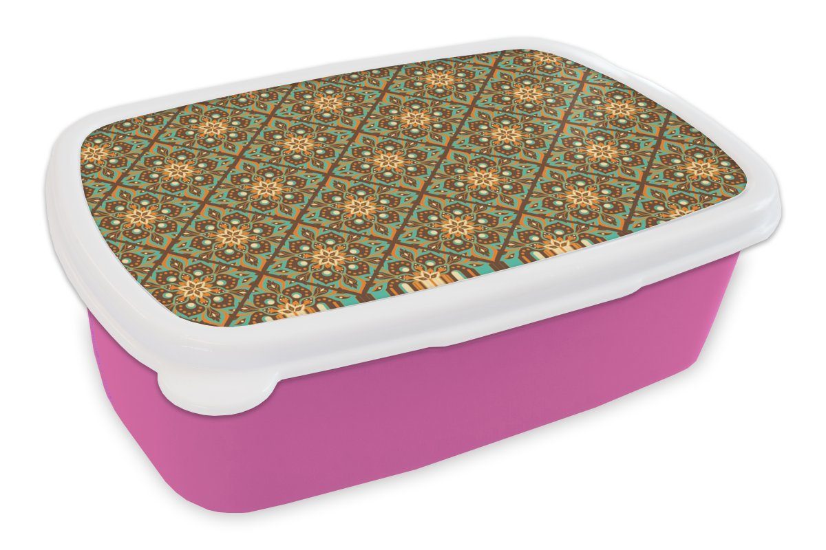 MuchoWow Lunchbox Blumen - Vintage - Muster - Bohème - Mandala, Kunststoff, (2-tlg), Brotbox für Erwachsene, Brotdose Kinder, Snackbox, Mädchen, Kunststoff rosa
