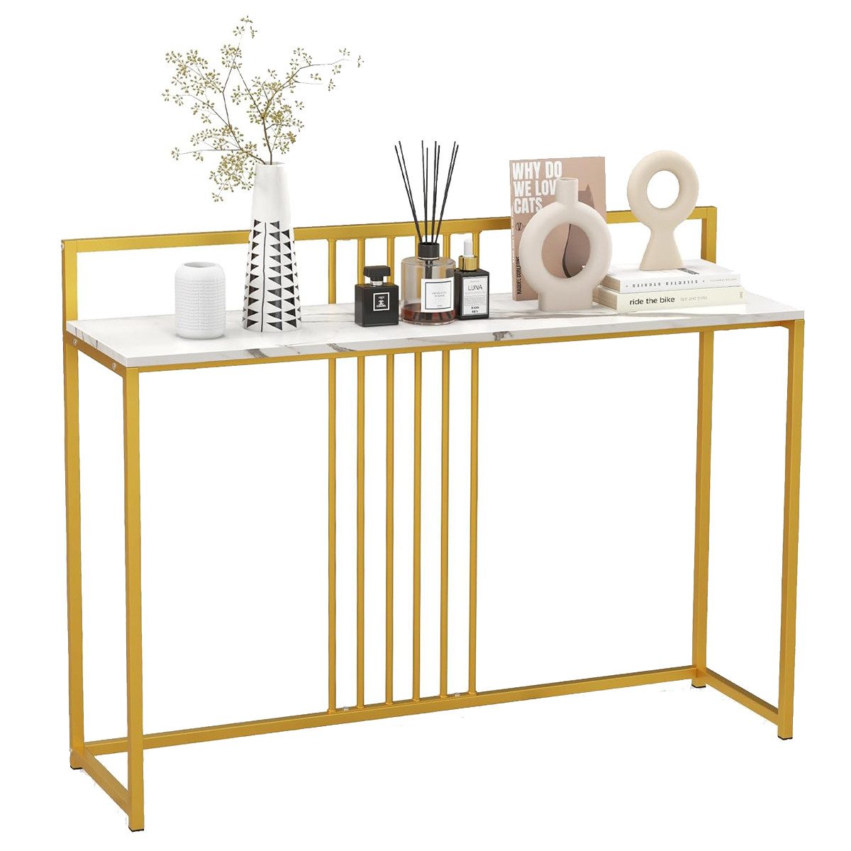 COSTWAY Konsolentisch, schmal Marmor, Metallgestell, gold, Flurtisch 120cm günstig online kaufen